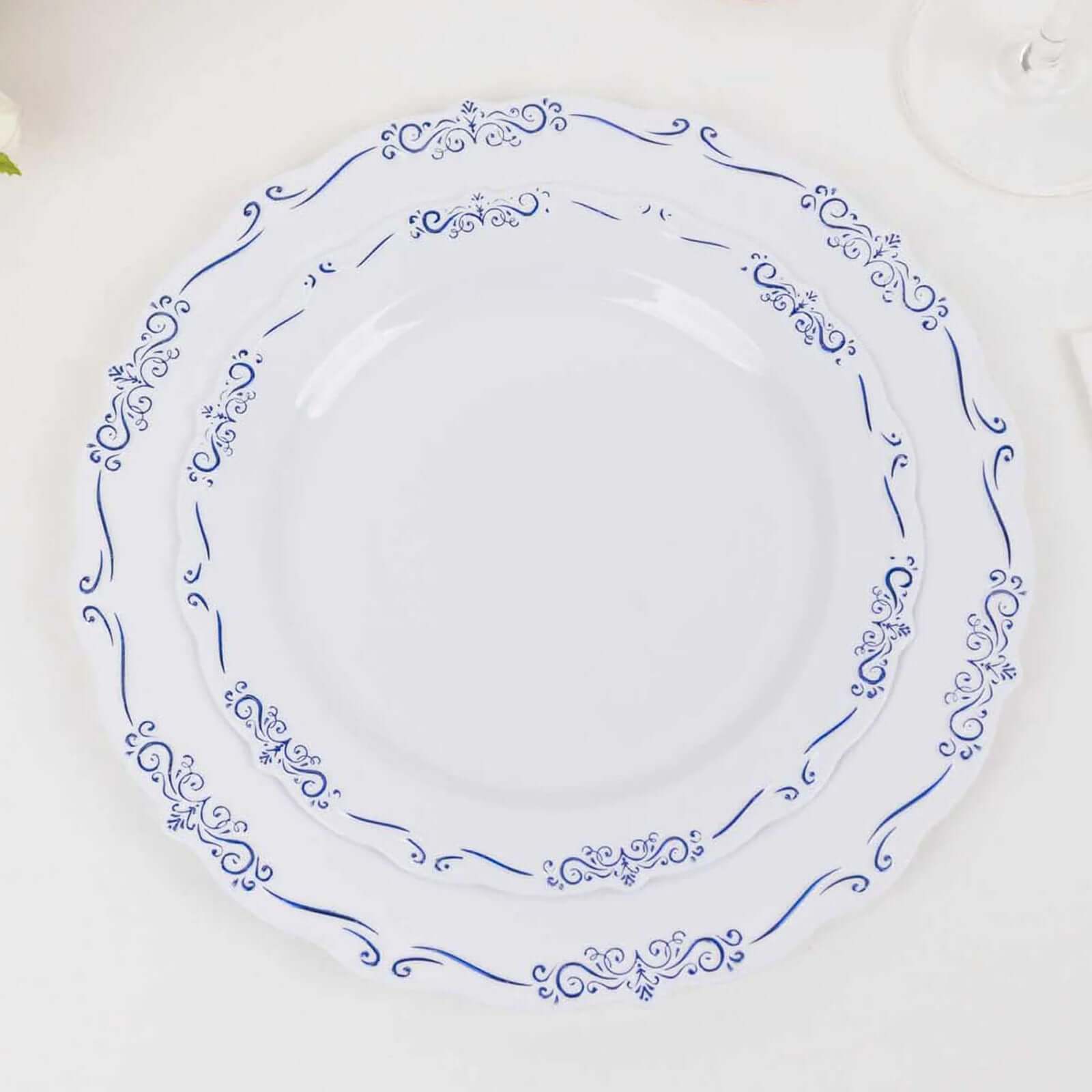 10-Pack Plastic Round Dessert Plates 7" White with Blue Vintage Embossed Rim & Scalloped Edges - Sturdy Disposable Salad Plates for Classy Events & Banquets - Image 6