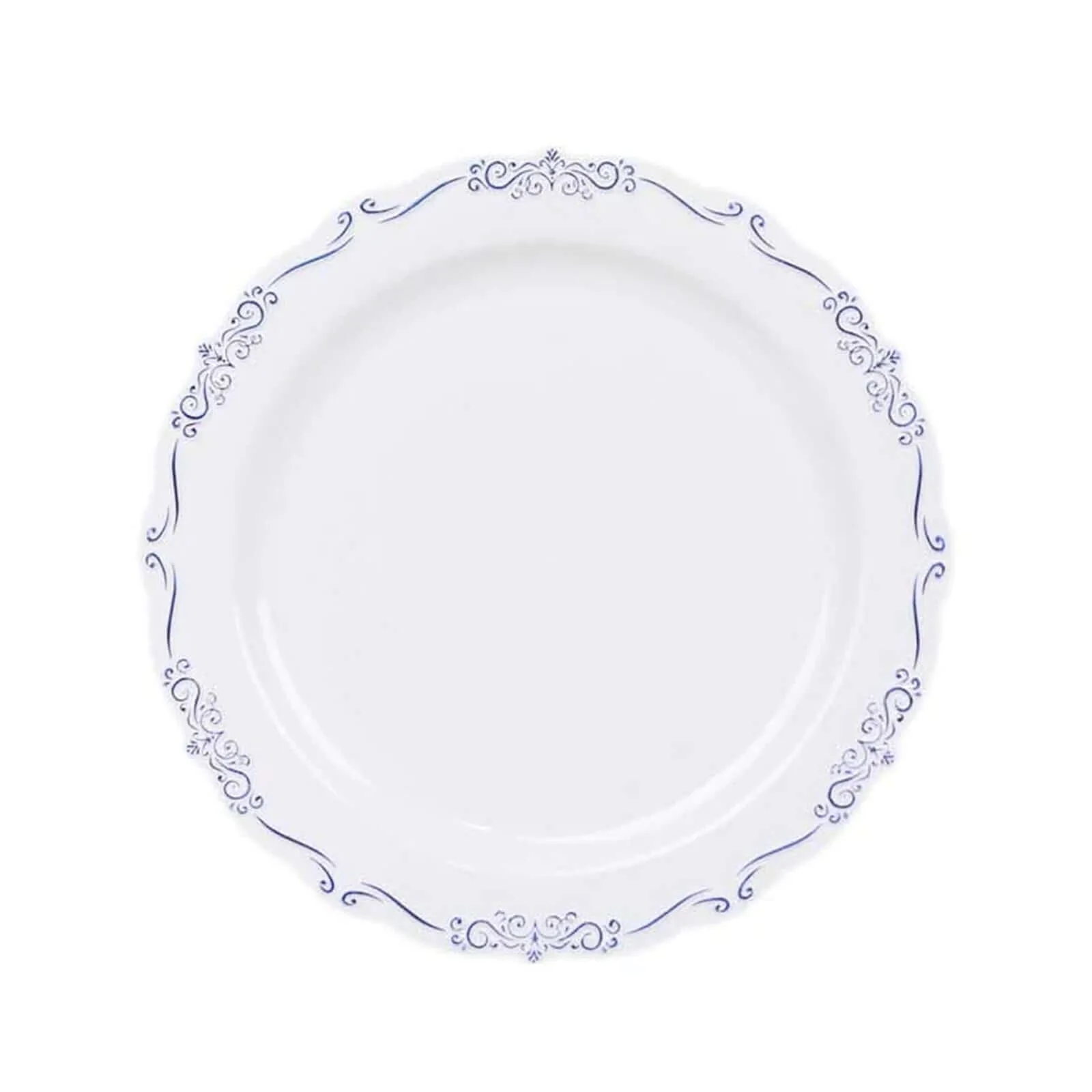 10-Pack Plastic Round Dessert Plates 7" White with Blue Vintage Embossed Rim & Scalloped Edges - Sturdy Disposable Salad Plates for Classy Events & Banquets - Image 7