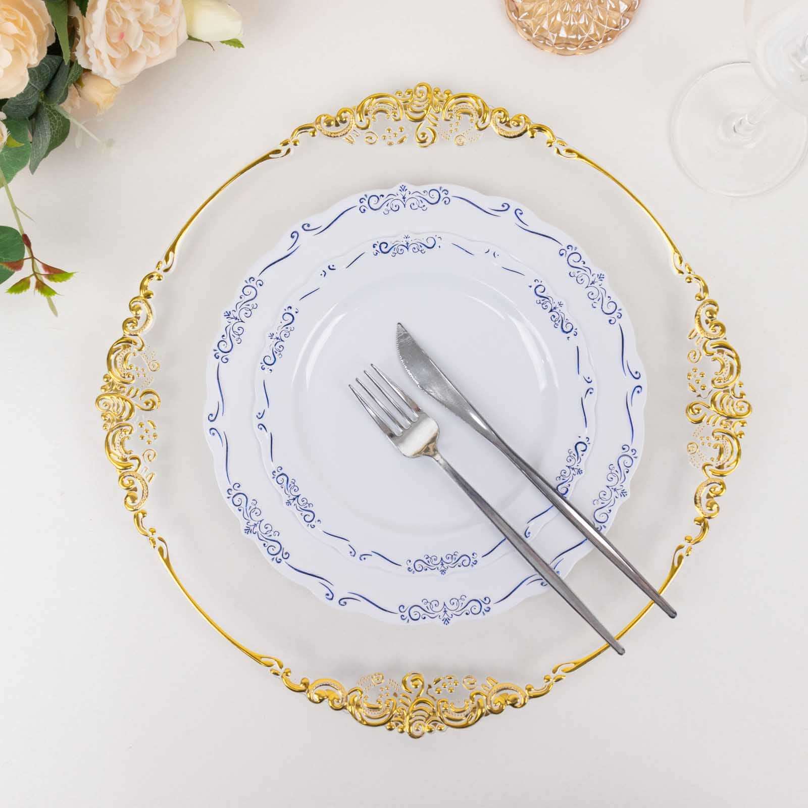 10-Pack Plastic Round Dessert Plates 7" White with Blue Vintage Embossed Rim & Scalloped Edges - Sturdy Disposable Salad Plates for Classy Events & Banquets - Image 8