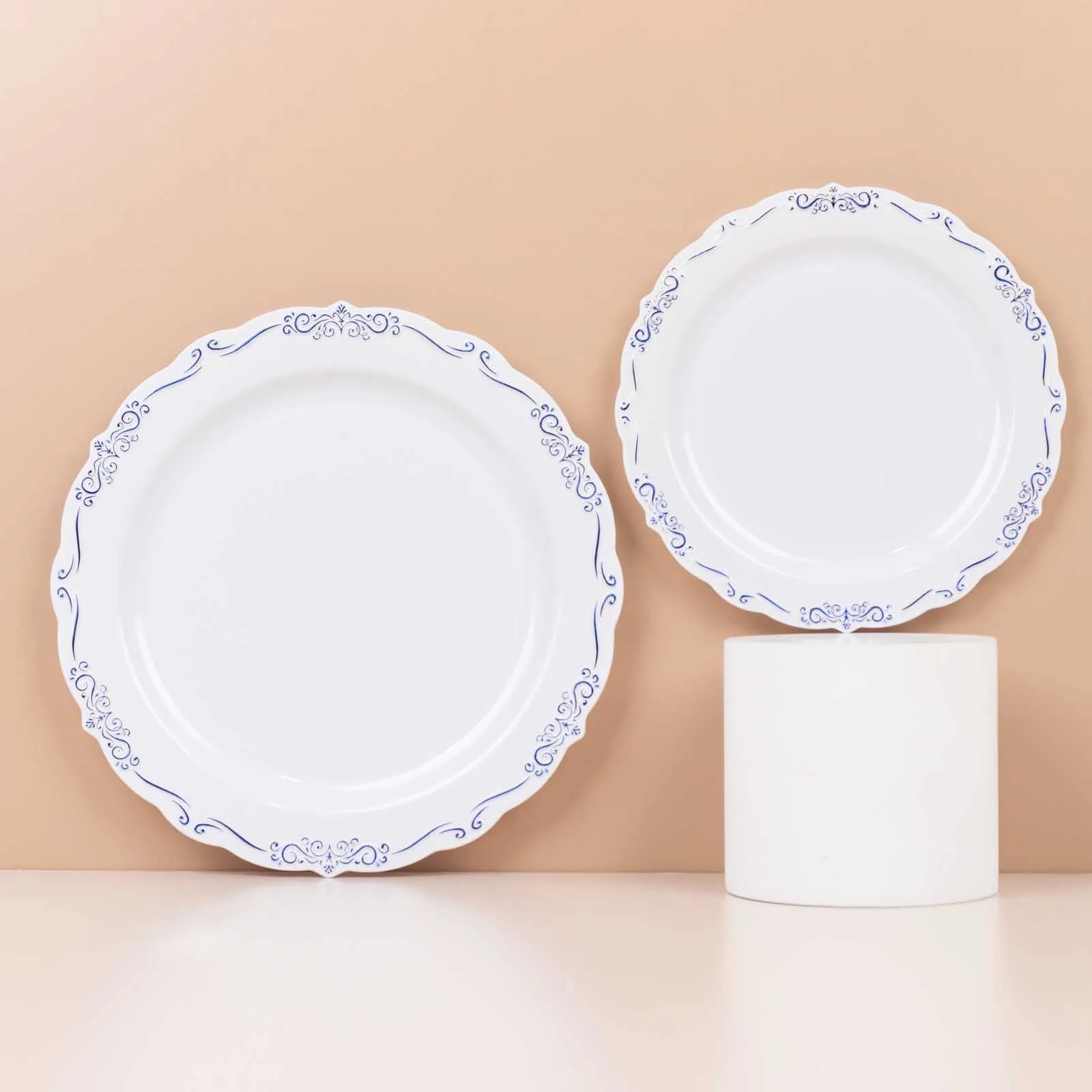10-Pack Plastic Round Dessert Plates 7" White with Blue Vintage Embossed Rim & Scalloped Edges - Sturdy Disposable Salad Plates for Classy Events & Banquets - Image 9
