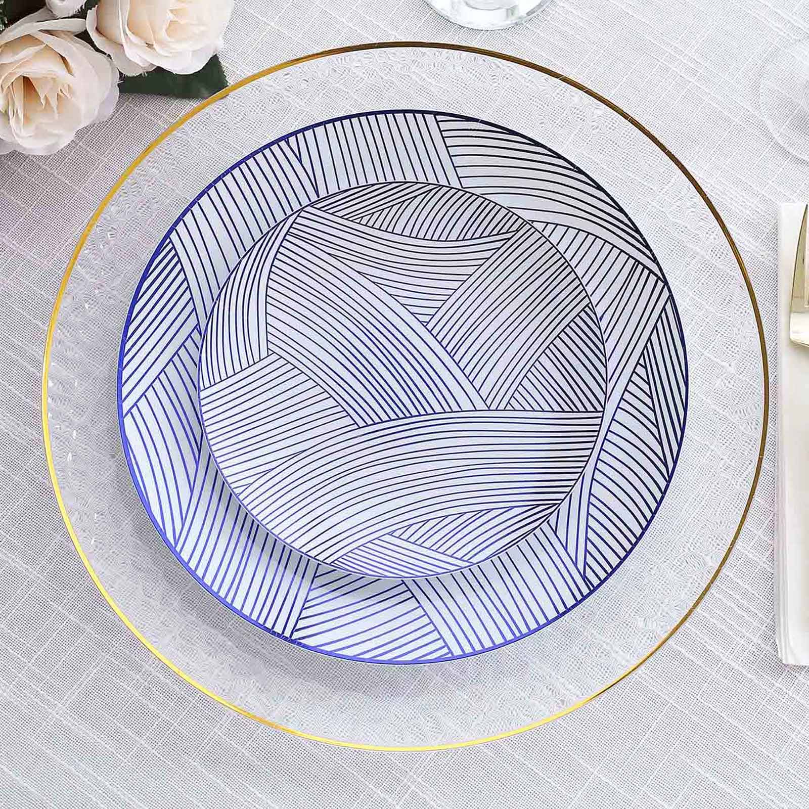 10-Pack Plastic Round Dessert Plates 7" White with Blue Wave Brush Strokes Pattern - Disposable Appetizer Salad Plates
