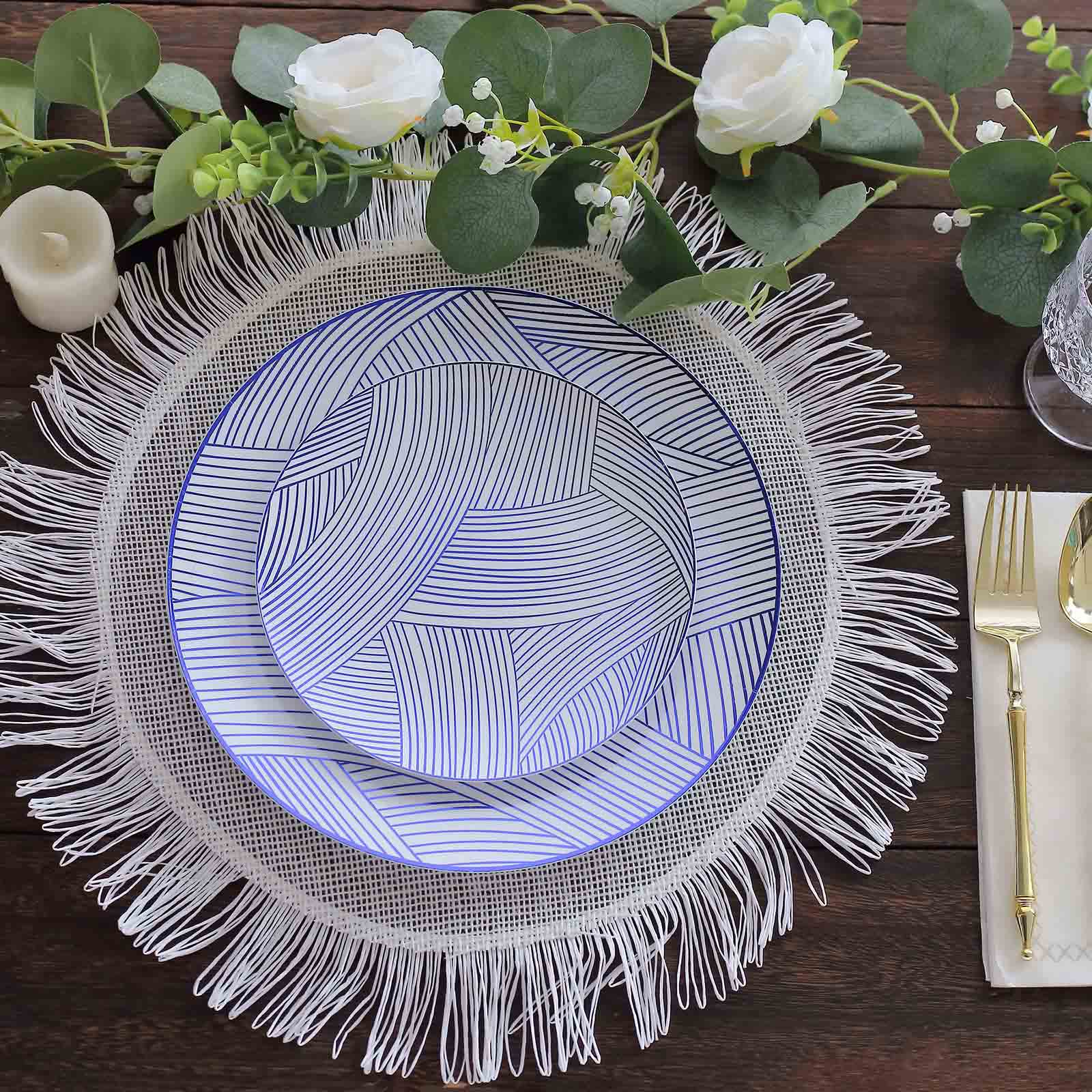 10-Pack Plastic Round Dessert Plates 7" White with Blue Wave Brush Strokes Pattern - Disposable Appetizer Salad Plates - Image 2