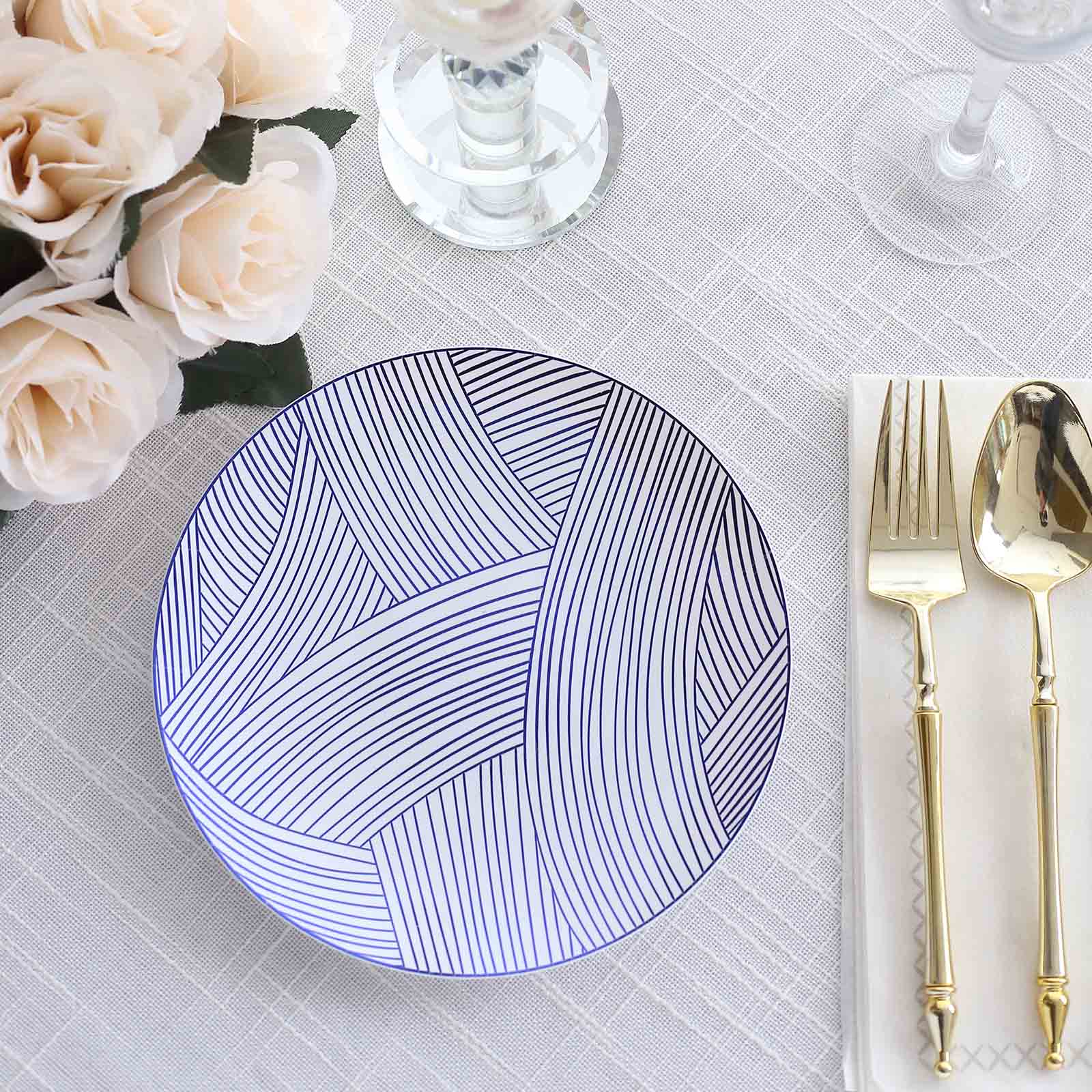 10-Pack Plastic Round Dessert Plates 7" White with Blue Wave Brush Strokes Pattern - Disposable Appetizer Salad Plates - Image 4