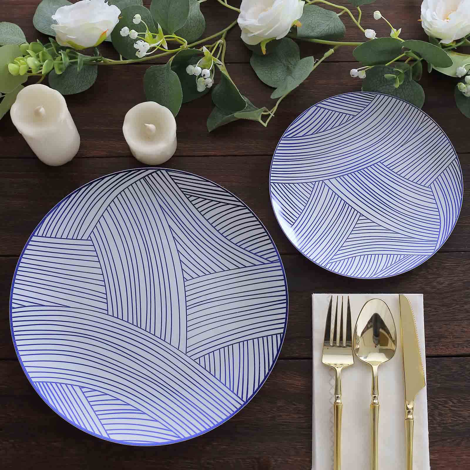 10-Pack Plastic Round Dessert Plates 7" White with Blue Wave Brush Strokes Pattern - Disposable Appetizer Salad Plates - Image 5
