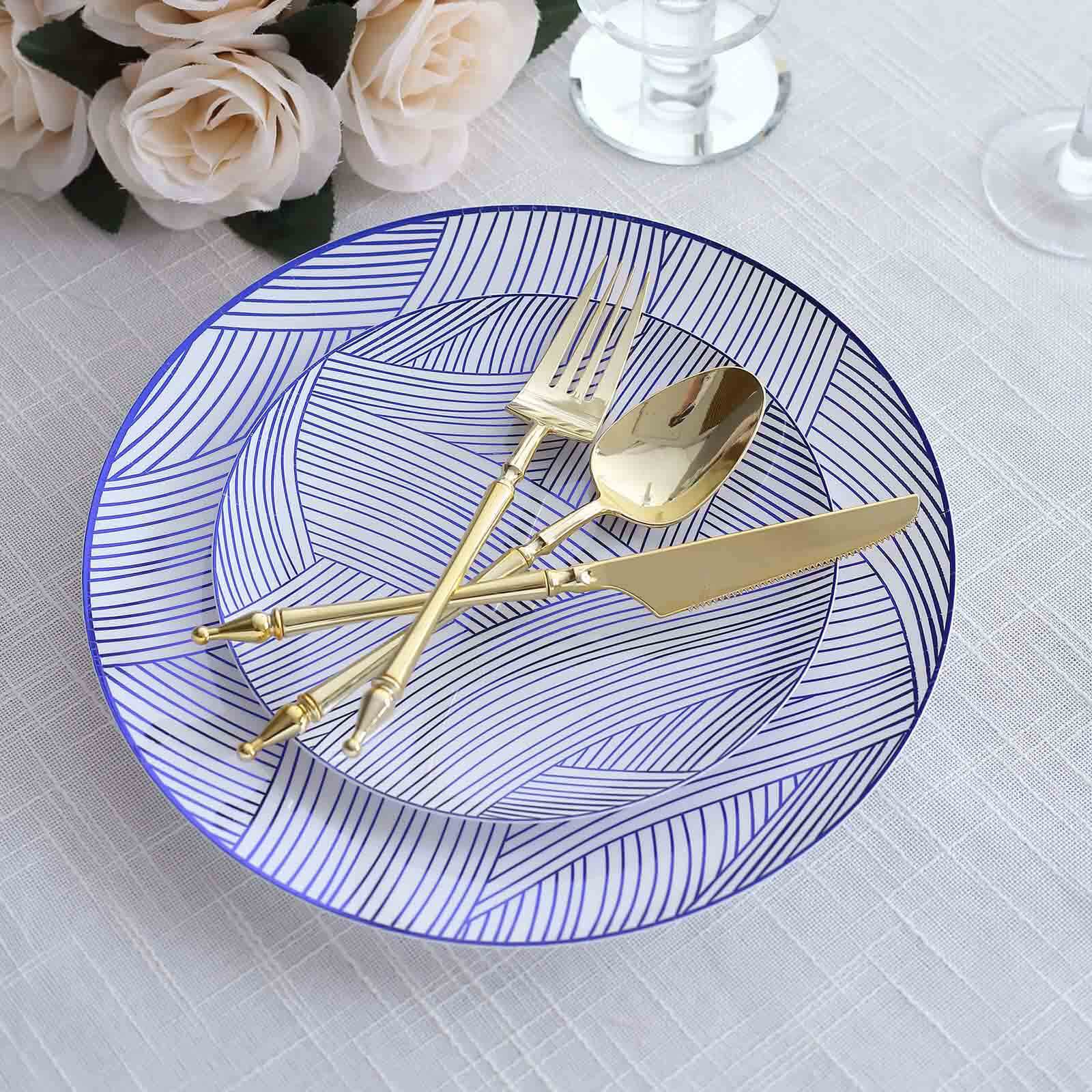 10-Pack Plastic Round Dessert Plates 7" White with Blue Wave Brush Strokes Pattern - Disposable Appetizer Salad Plates - Image 7