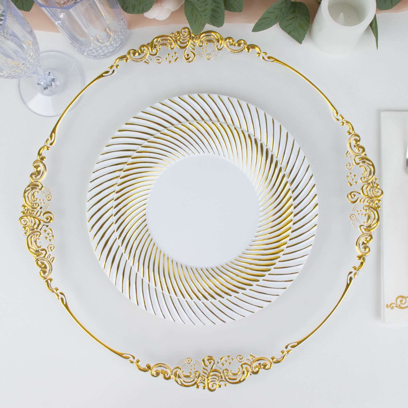 10-Pack Plastic Round Dessert Plates 7" White with Gold Swirl Rim - Disposable Salad Plates for Sophisticated Events & Celebrations - Image 2