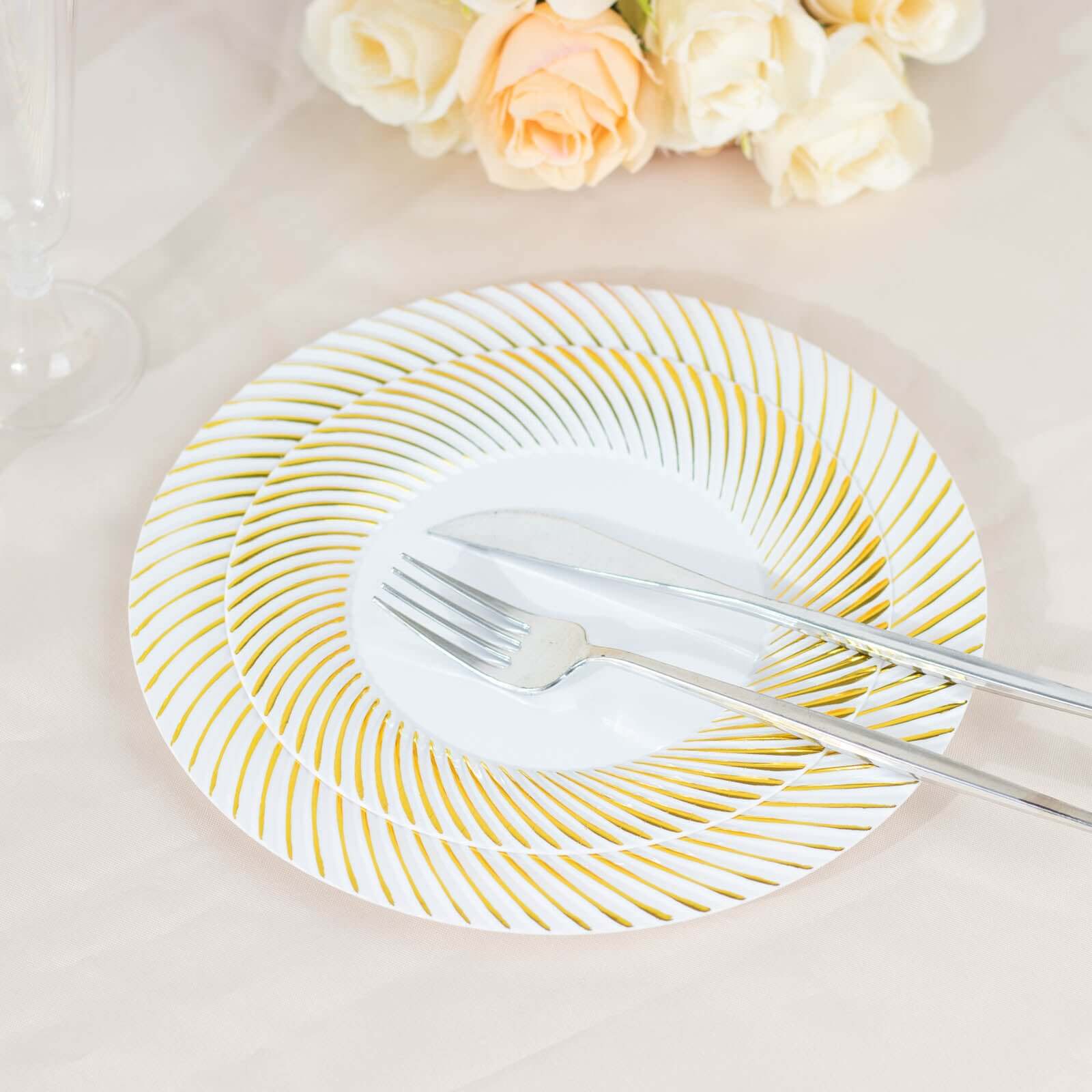 10-Pack Plastic Round Dessert Plates 7" White with Gold Swirl Rim - Disposable Salad Plates for Sophisticated Events & Celebrations - Image 9
