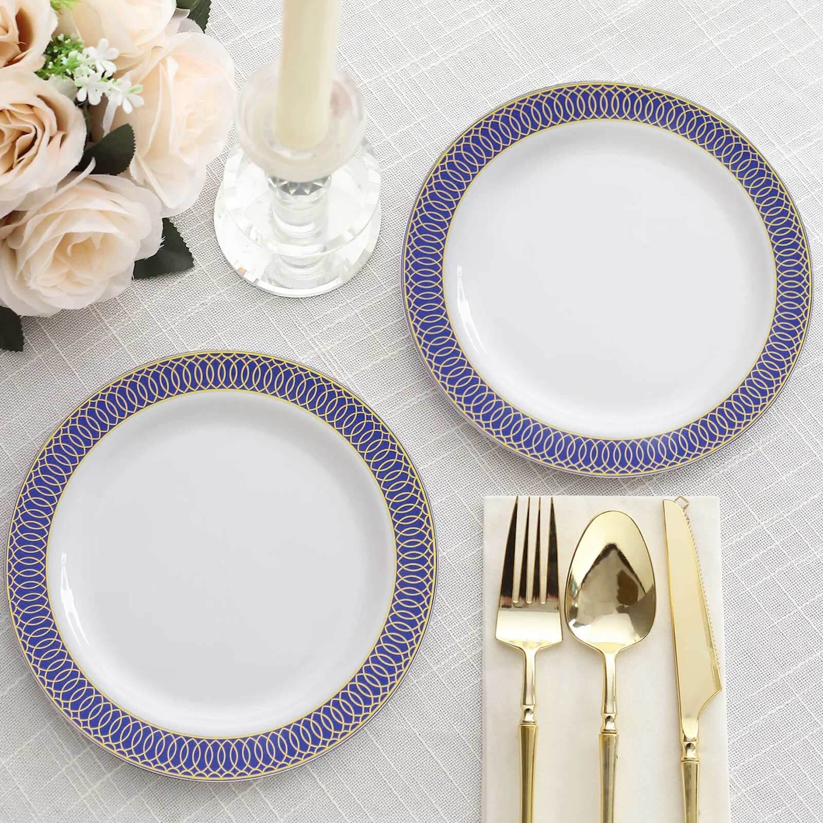 10-Pack Plastic Round Dessert Plates 7" White with Navy Blue Gold Spiral Rim - Stylish Disposable Salad Plates for Buffets & Catered Events