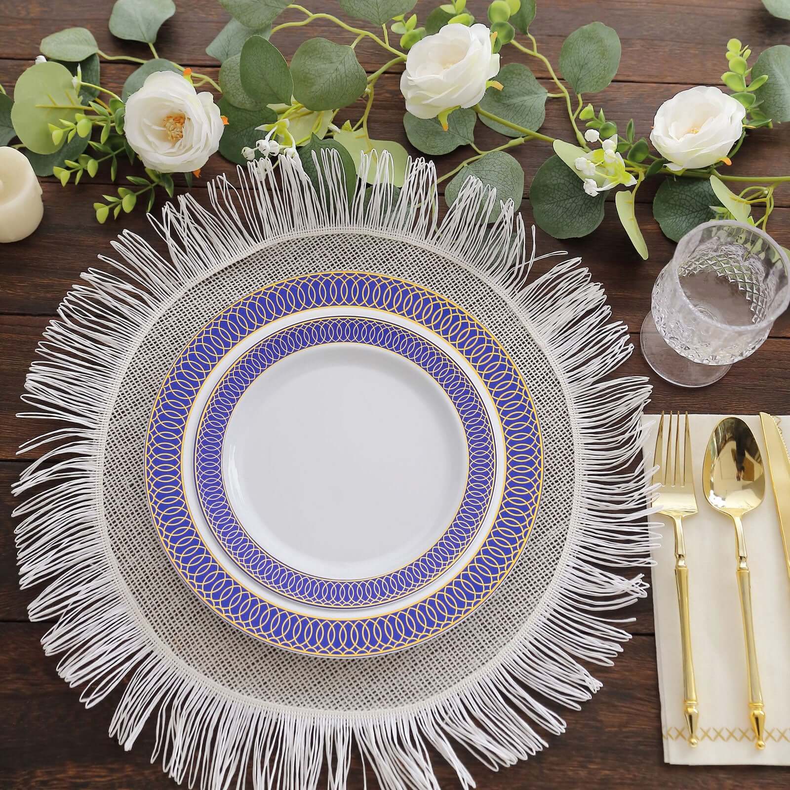 10-Pack Plastic Round Dessert Plates 7" White with Navy Blue Gold Spiral Rim - Stylish Disposable Salad Plates for Buffets & Catered Events - Image 10