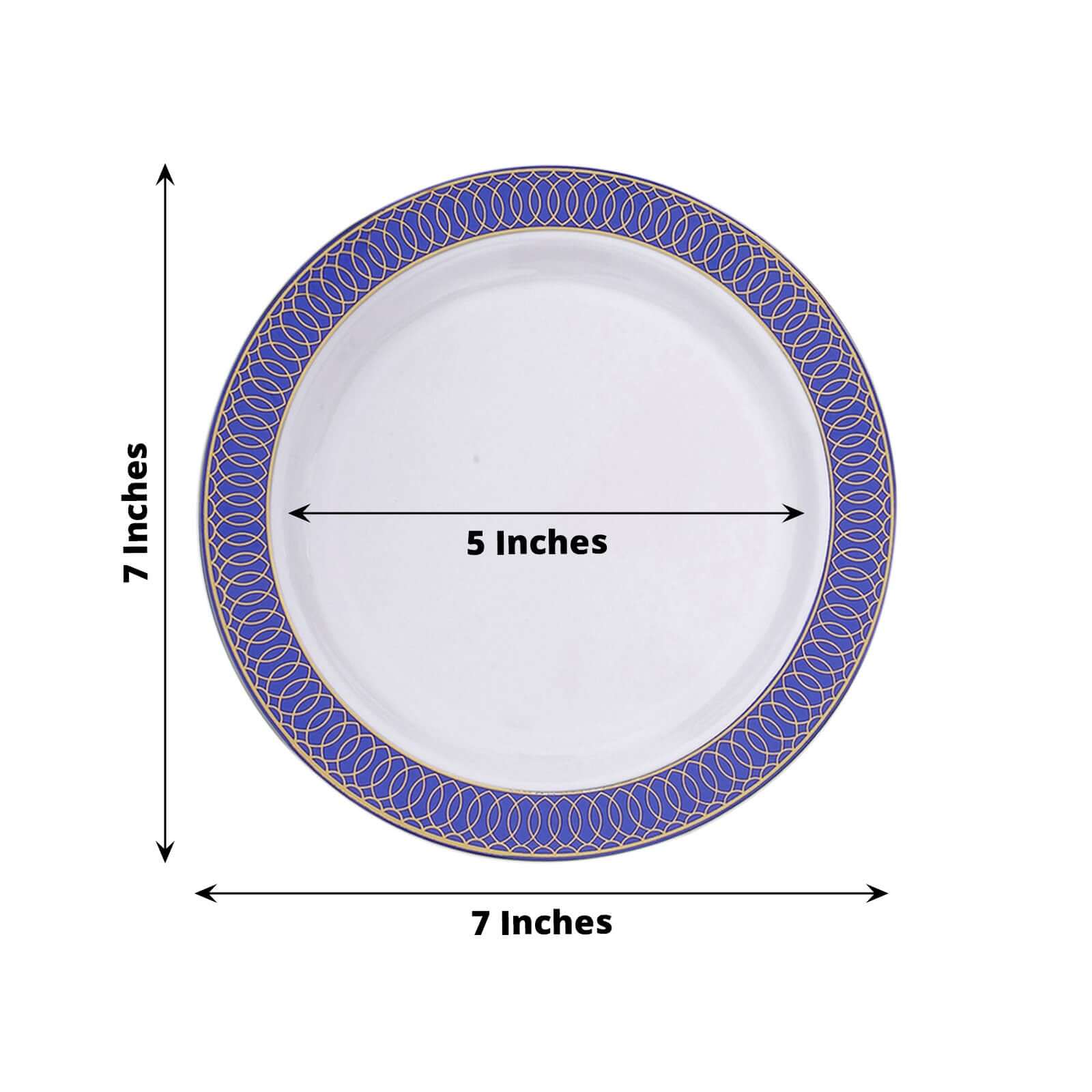 10-Pack Plastic Round Dessert Plates 7" White with Navy Blue Gold Spiral Rim - Stylish Disposable Salad Plates for Buffets & Catered Events - Image 2