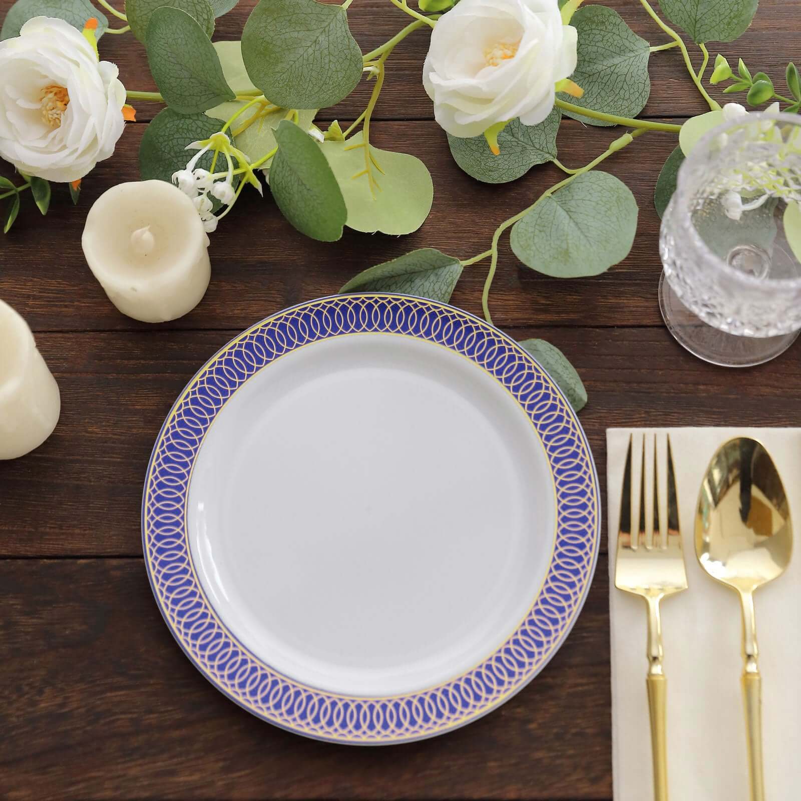 10-Pack Plastic Round Dessert Plates 7" White with Navy Blue Gold Spiral Rim - Stylish Disposable Salad Plates for Buffets & Catered Events - Image 3