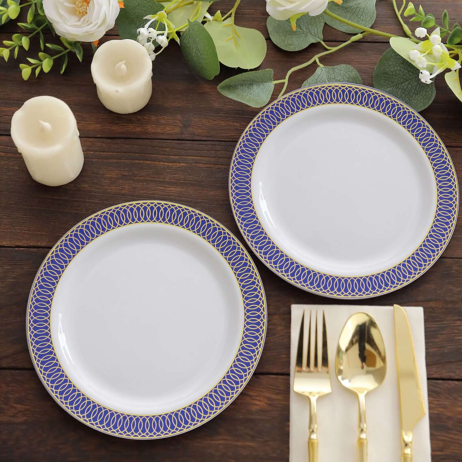 10-Pack Plastic Round Dessert Plates 7" White with Navy Blue Gold Spiral Rim - Stylish Disposable Salad Plates for Buffets & Catered Events - Image 4