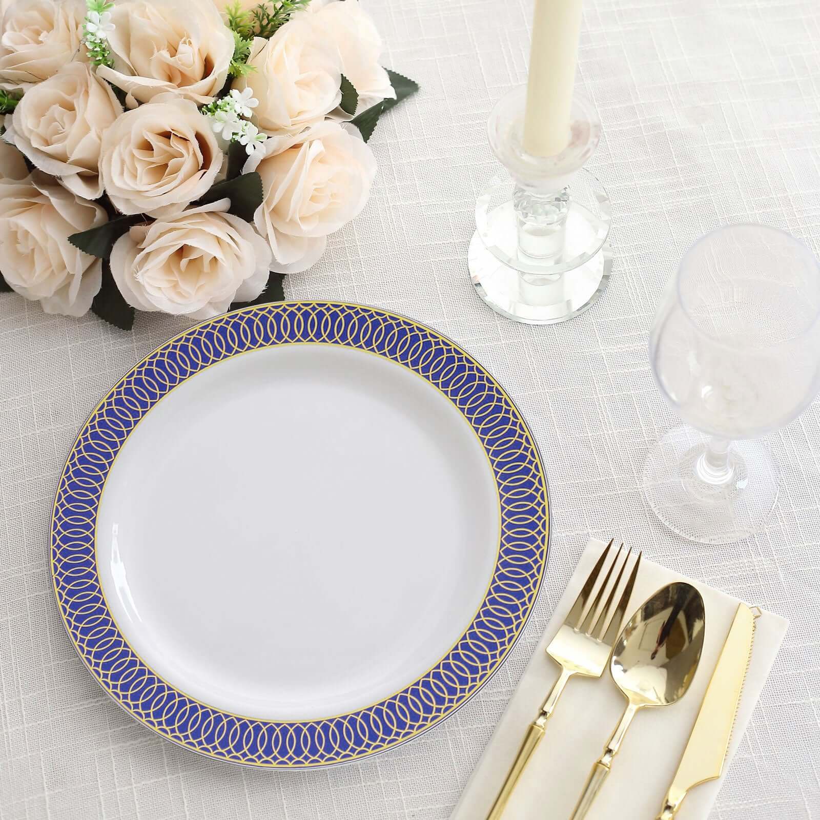 10-Pack Plastic Round Dessert Plates 7" White with Navy Blue Gold Spiral Rim - Stylish Disposable Salad Plates for Buffets & Catered Events - Image 5