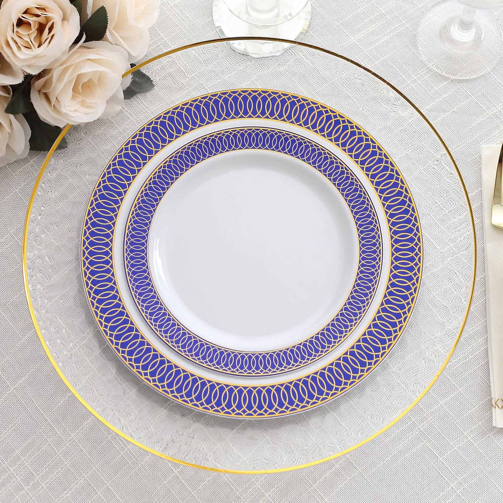 10-Pack Plastic Round Dessert Plates 7" White with Navy Blue Gold Spiral Rim - Stylish Disposable Salad Plates for Buffets & Catered Events - Image 6