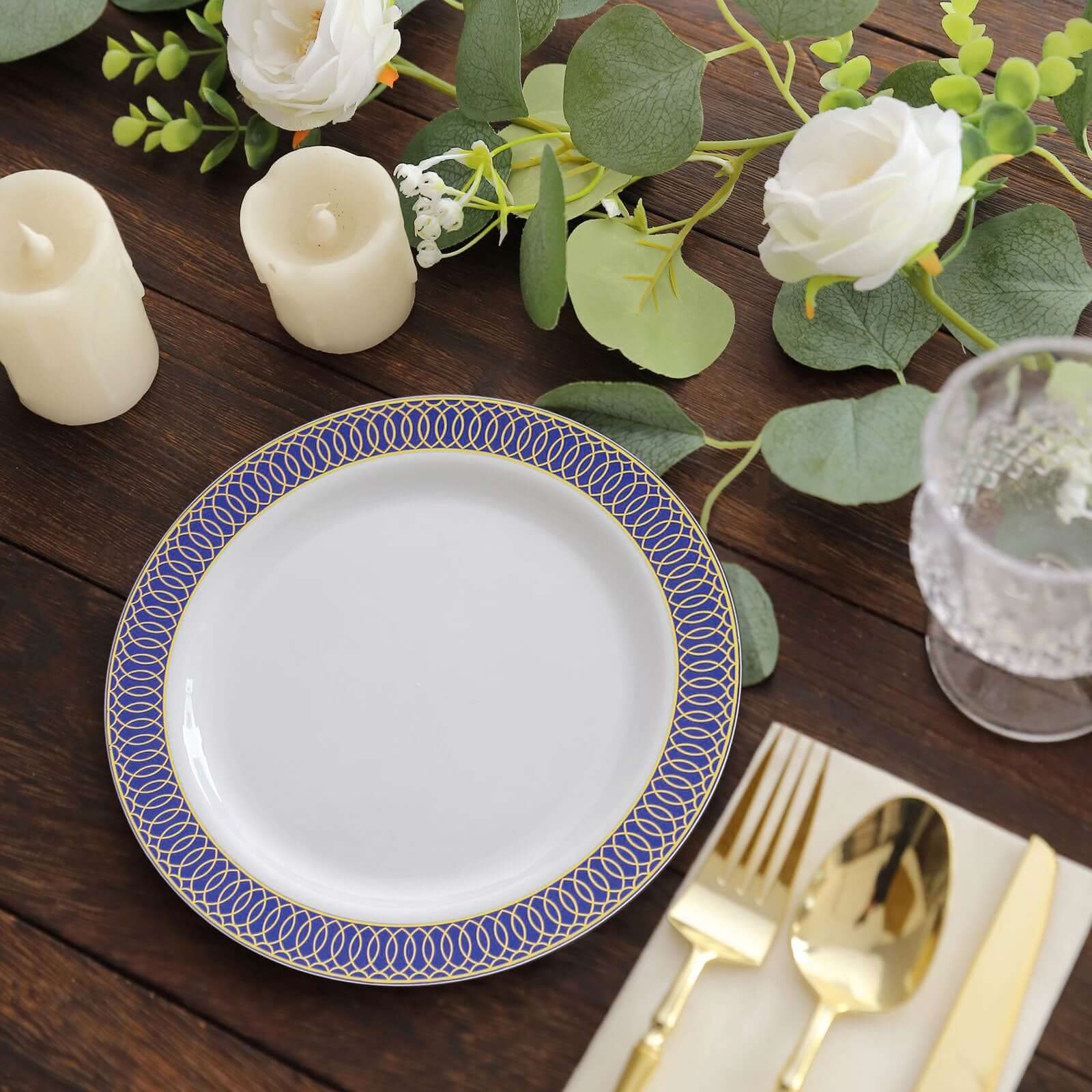 10-Pack Plastic Round Dessert Plates 7" White with Navy Blue Gold Spiral Rim - Stylish Disposable Salad Plates for Buffets & Catered Events - Image 9
