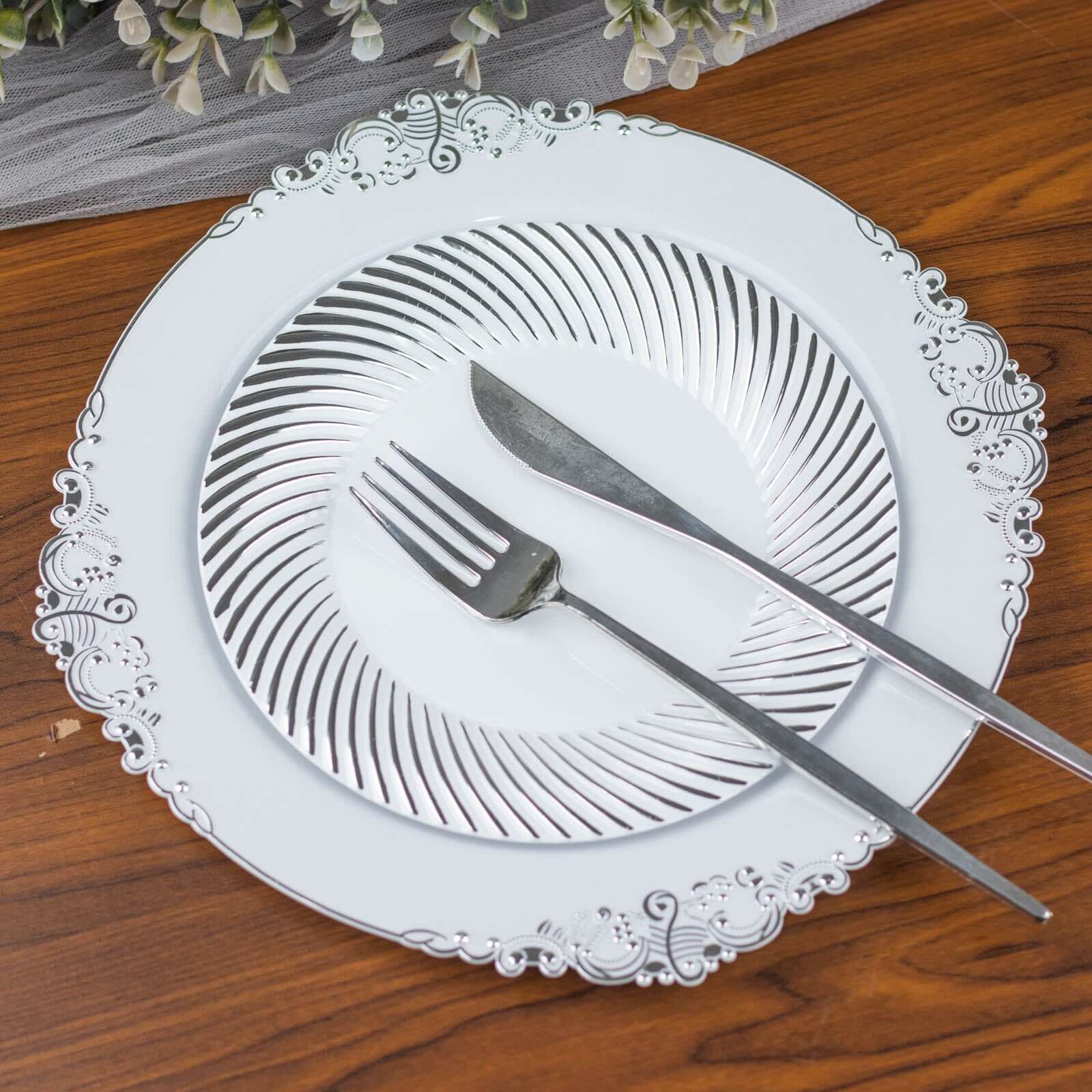 10-Pack Plastic Round Dessert Plates 7" White with Silver Swirl Rim - Disposable Salad Plates - Image 10