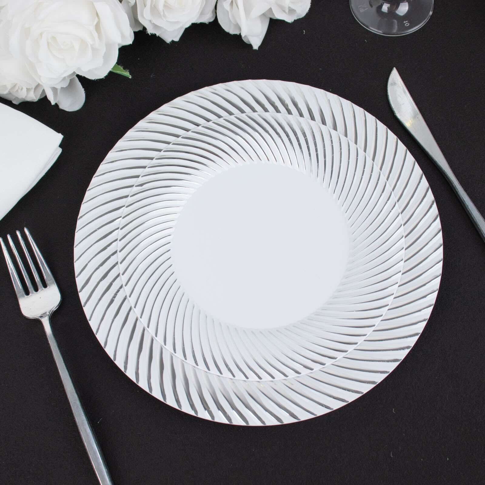 10-Pack Plastic Round Dessert Plates 7" White with Silver Swirl Rim - Disposable Salad Plates - Image 12