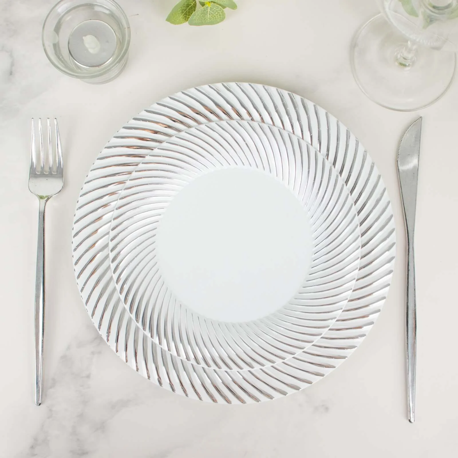 10-Pack Plastic Round Dessert Plates 7" White with Silver Swirl Rim - Disposable Salad Plates - Image 13
