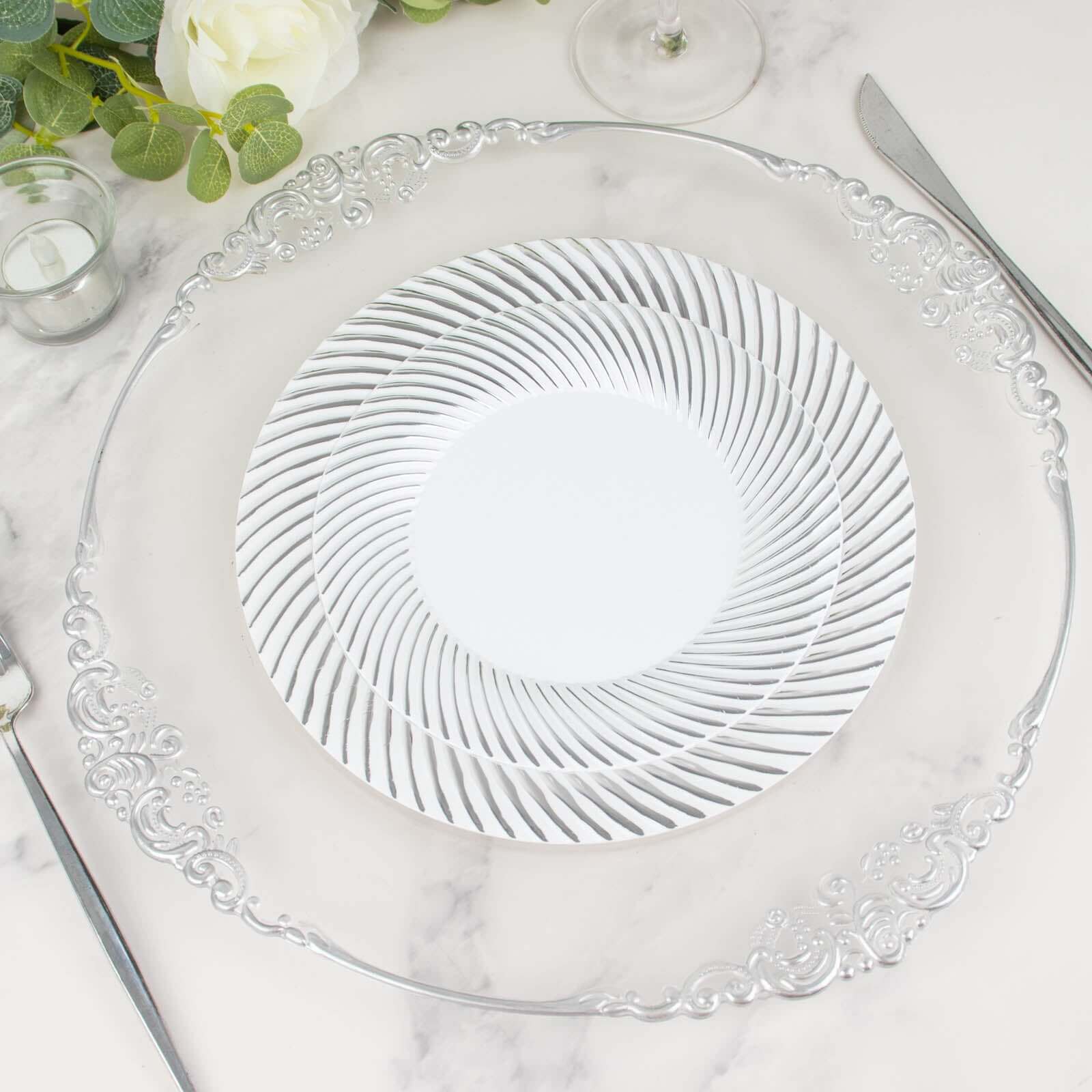 10-Pack Plastic Round Dessert Plates 7" White with Silver Swirl Rim - Disposable Salad Plates - Image 2