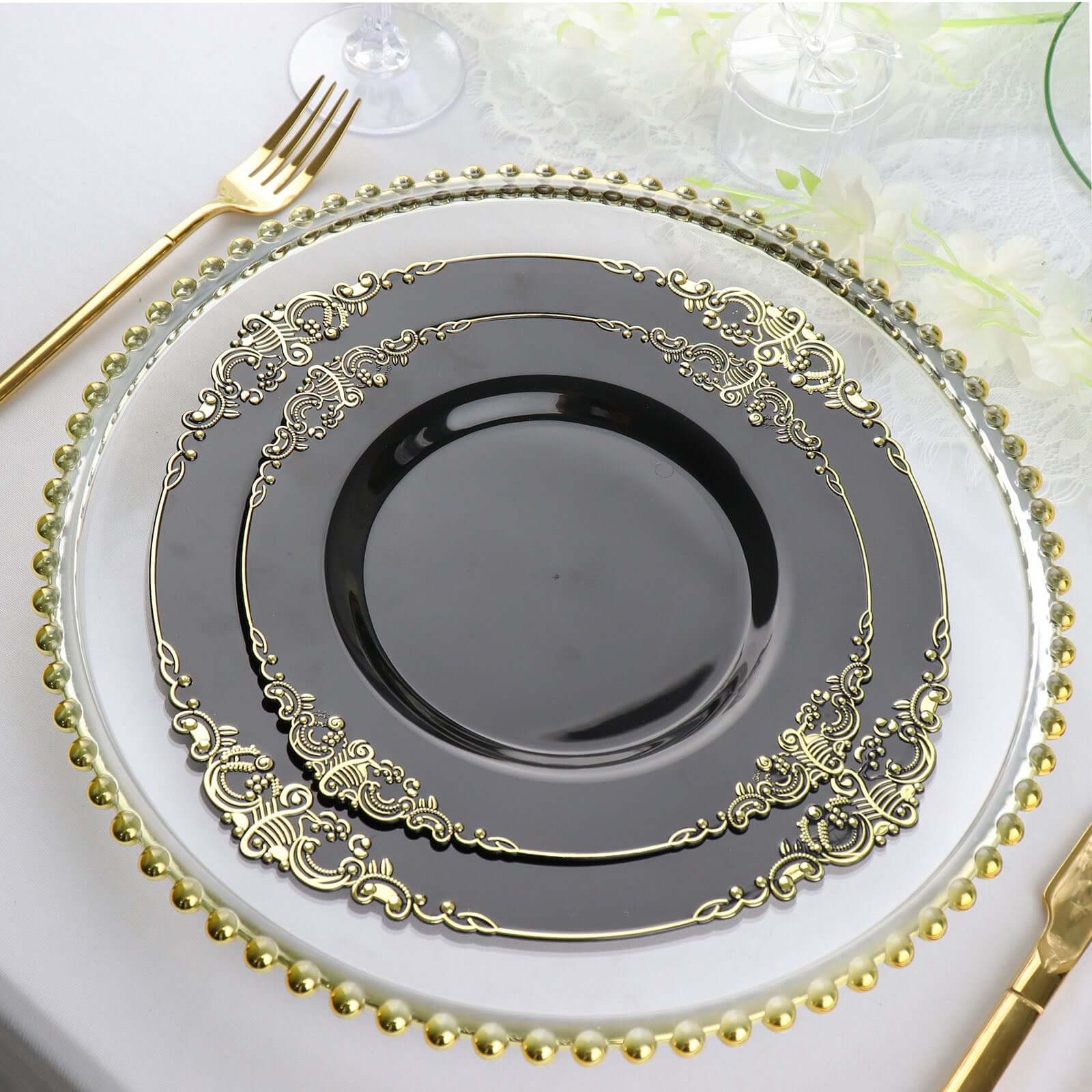 10-Pack Plastic Round Dessert Plates 8" Black with Gold Leaf Embossed Rim - Vintage Baroque Style Disposable Salad Plates for Upscale Dining & Special Events - Image 2