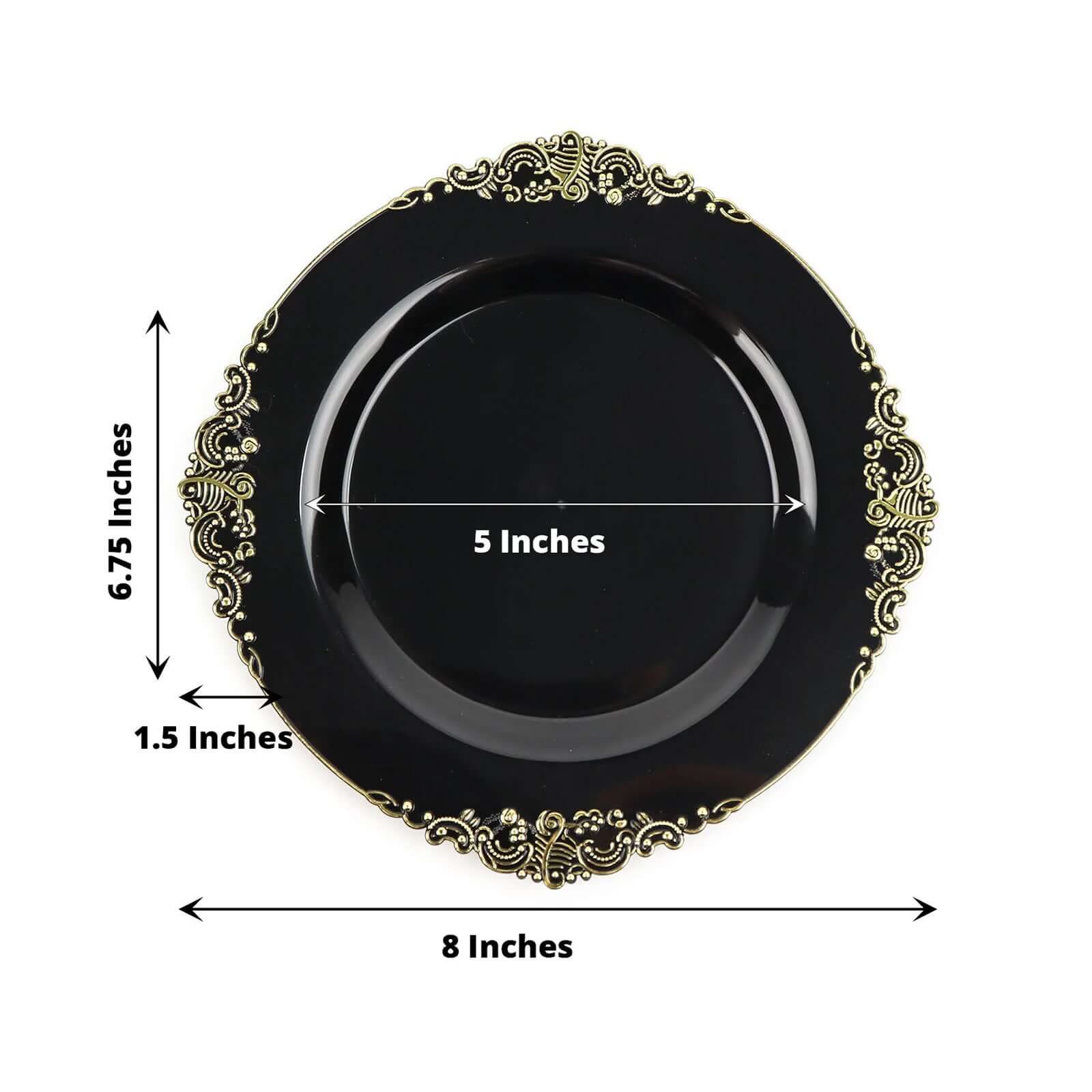 10-Pack Plastic Round Dessert Plates 8" Black with Gold Leaf Embossed Rim - Vintage Baroque Style Disposable Salad Plates for Upscale Dining & Special Events - Image 3