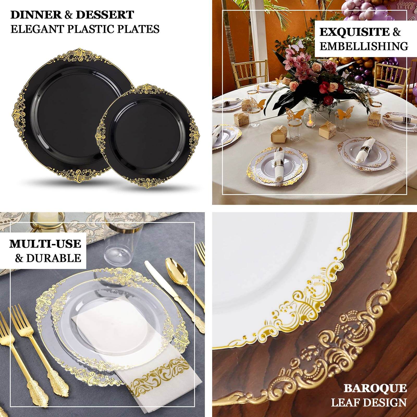 10-Pack Plastic Round Dessert Plates 8" Black with Gold Leaf Embossed Rim - Vintage Baroque Style Disposable Salad Plates for Upscale Dining & Special Events - Image 4
