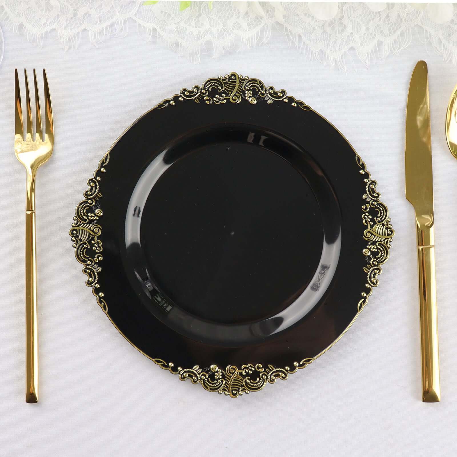 10-Pack Plastic Round Dessert Plates 8" Black with Gold Leaf Embossed Rim - Vintage Baroque Style Disposable Salad Plates for Upscale Dining & Special Events - Image 6