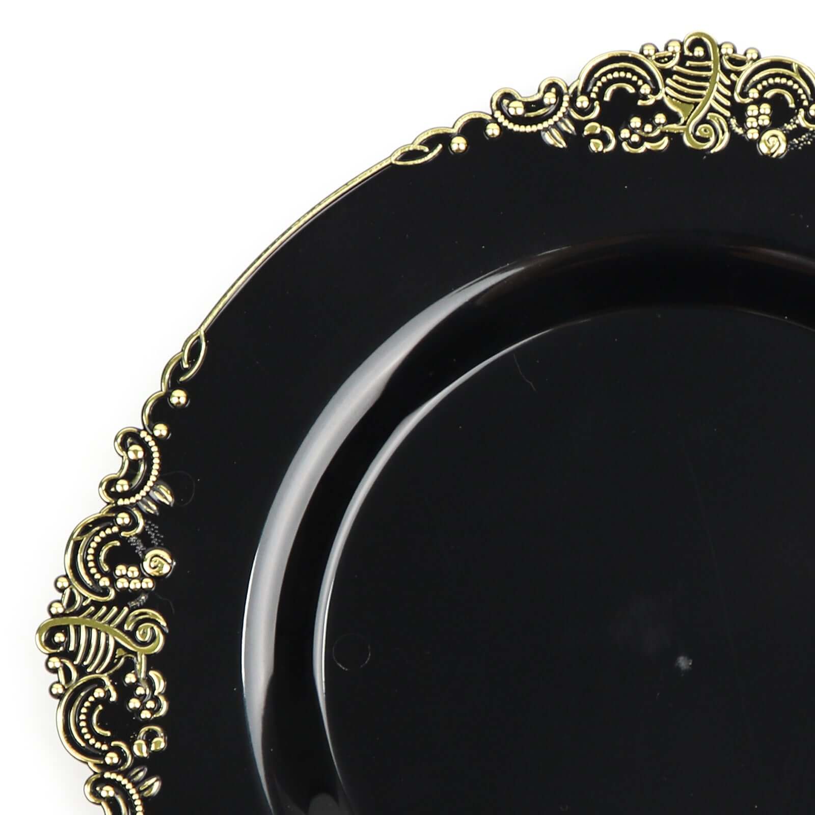 10-Pack Plastic Round Dessert Plates 8" Black with Gold Leaf Embossed Rim - Vintage Baroque Style Disposable Salad Plates for Upscale Dining & Special Events - Image 8