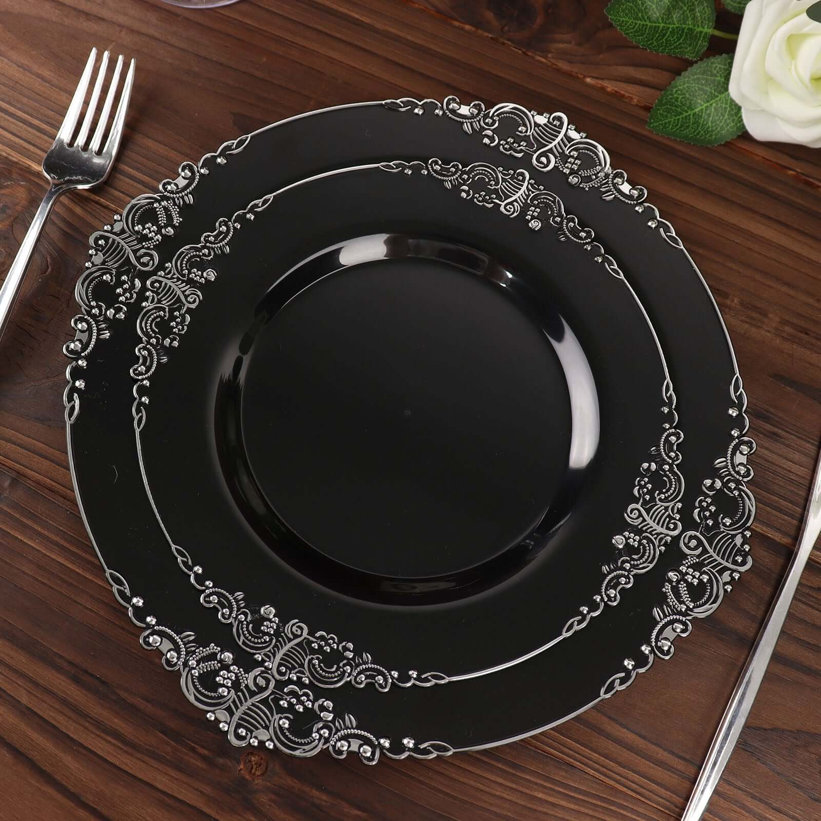 10-Pack Plastic Round Dessert Plates 8" Black with Silver Leaf Embossed Rim - Vintage Baroque Style Disposable Salad Plates