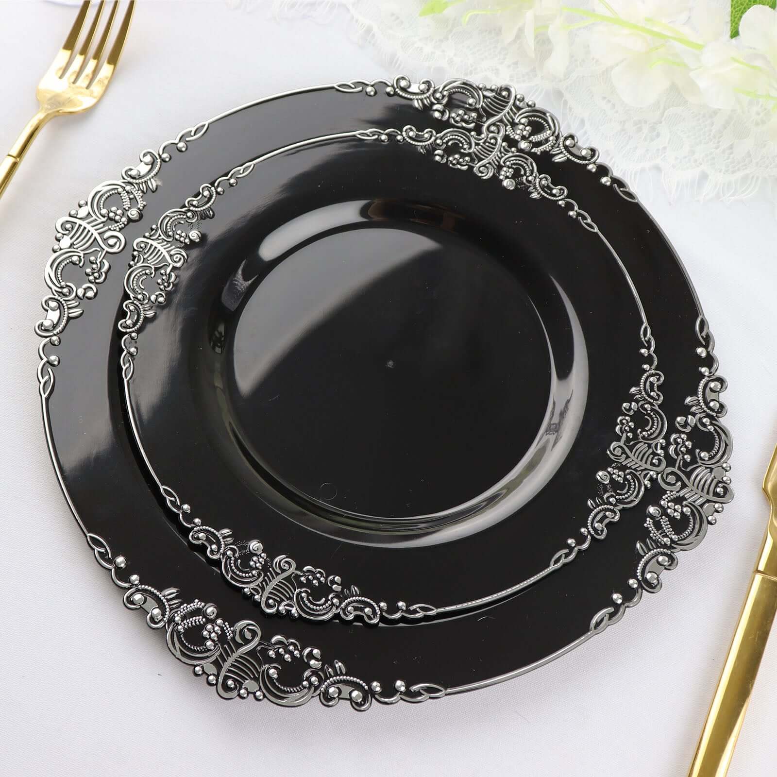 10-Pack Plastic Round Dessert Plates 8" Black with Silver Leaf Embossed Rim - Vintage Baroque Style Disposable Salad Plates - Image 6