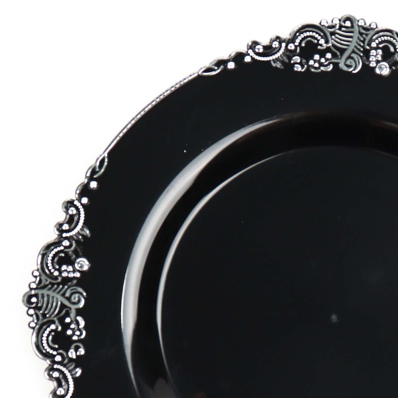 10-Pack Plastic Round Dessert Plates 8" Black with Silver Leaf Embossed Rim - Vintage Baroque Style Disposable Salad Plates - Image 8