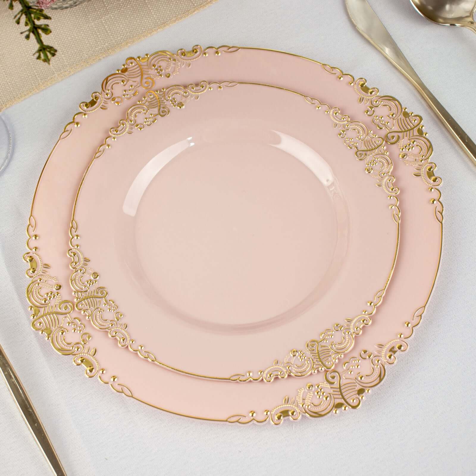 10-Pack Plastic Round Dessert Plates 8" Blush with Gold Leaf Embossed Rim - Vintage Baroque Style Disposable Salad Plates - Image 6