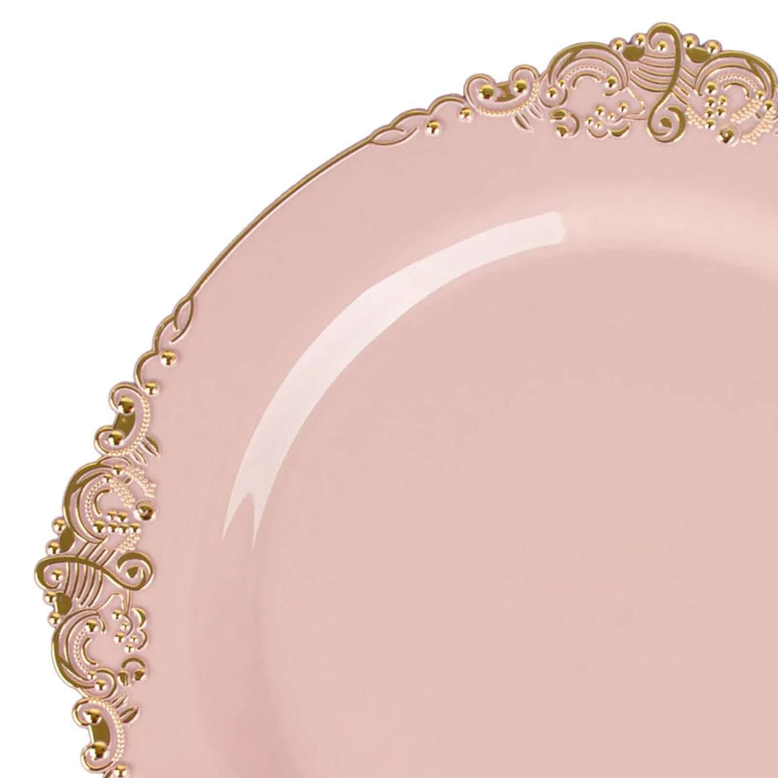 10-Pack Plastic Round Dessert Plates 8" Blush with Gold Leaf Embossed Rim - Vintage Baroque Style Disposable Salad Plates - Image 8