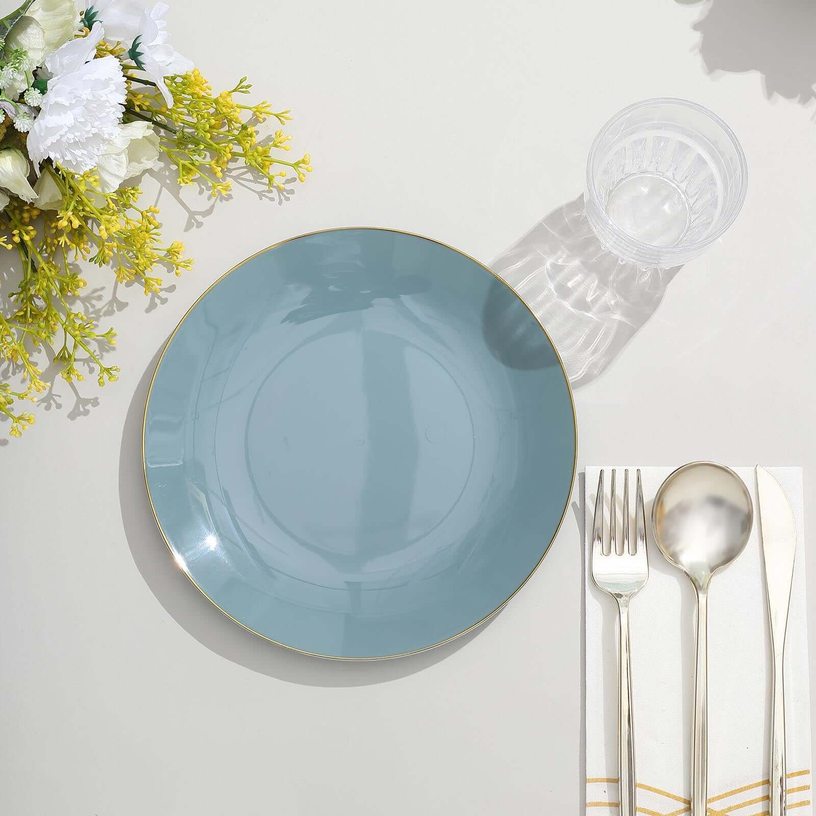 10-Pack Plastic Round Dessert Plates 8" Dusty Blue with Gold Rim - Glossy Disposable Appetizer Salad Plates - Image 2