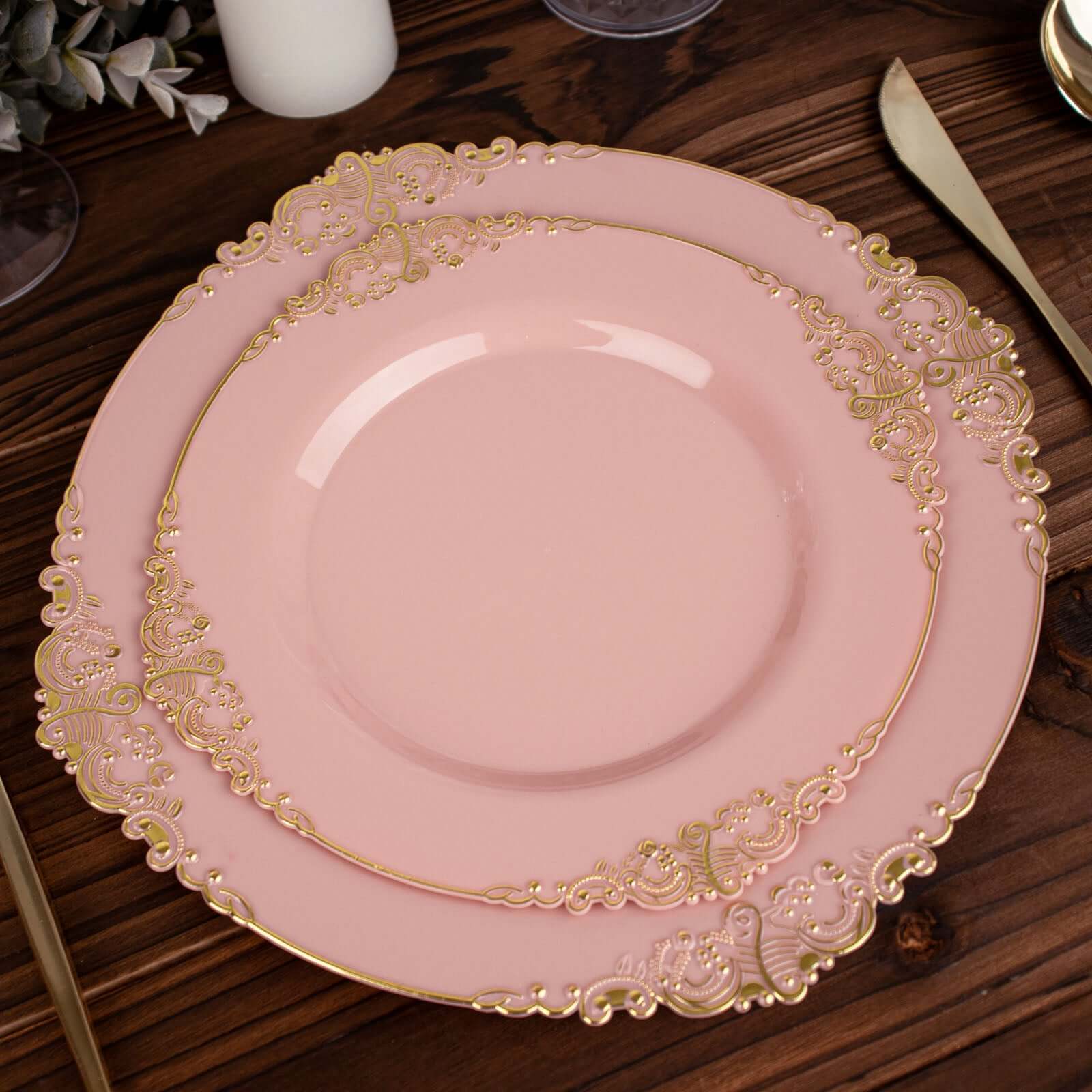 10-Pack Plastic Round Dessert Plates 8" Dusty Rose with Gold Leaf Embossed Rim - Vintage Baroque Style Disposable Salad Plates