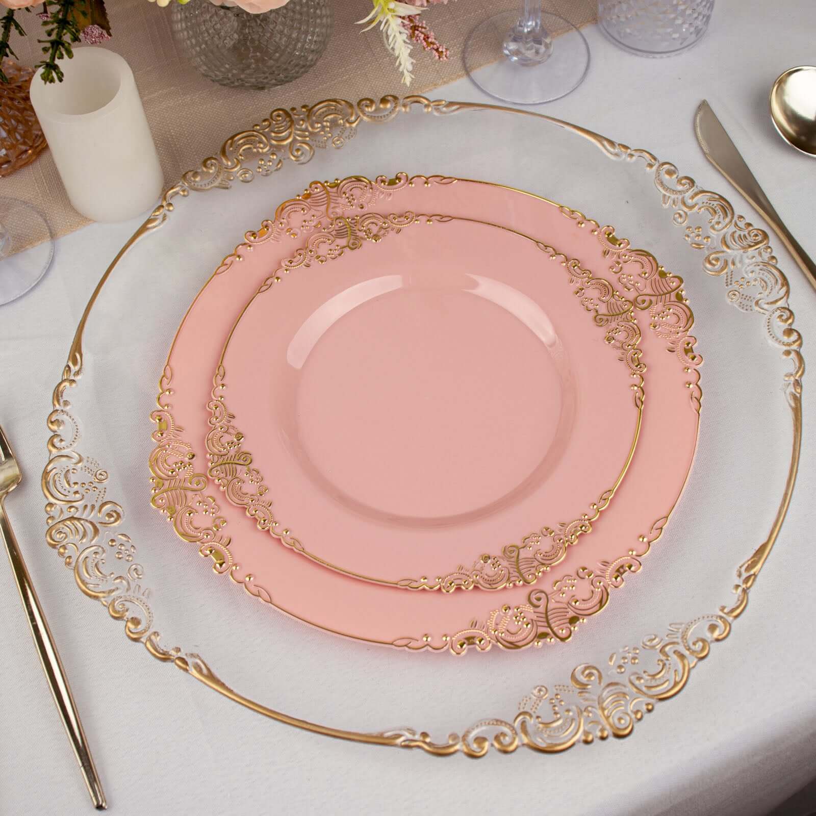 10-Pack Plastic Round Dessert Plates 8" Dusty Rose with Gold Leaf Embossed Rim - Vintage Baroque Style Disposable Salad Plates - Image 2
