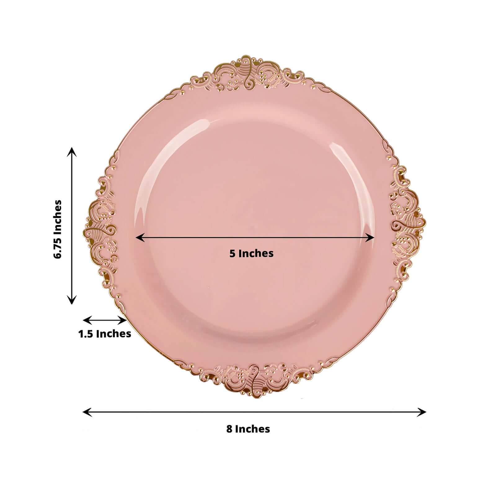 10-Pack Plastic Round Dessert Plates 8" Dusty Rose with Gold Leaf Embossed Rim - Vintage Baroque Style Disposable Salad Plates - Image 3