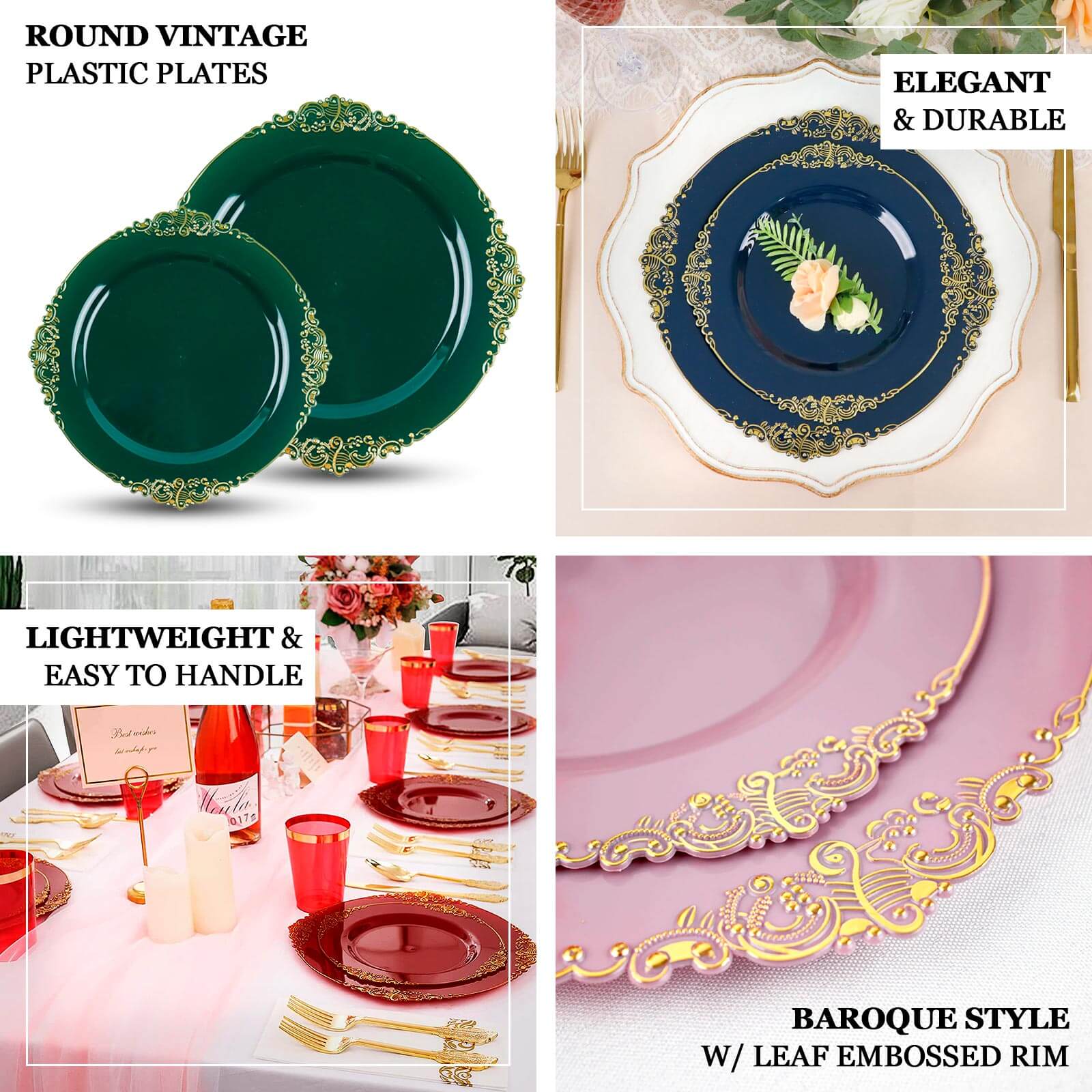 10-Pack Plastic Round Dessert Plates 8" Dusty Rose with Gold Leaf Embossed Rim - Vintage Baroque Style Disposable Salad Plates - Image 4