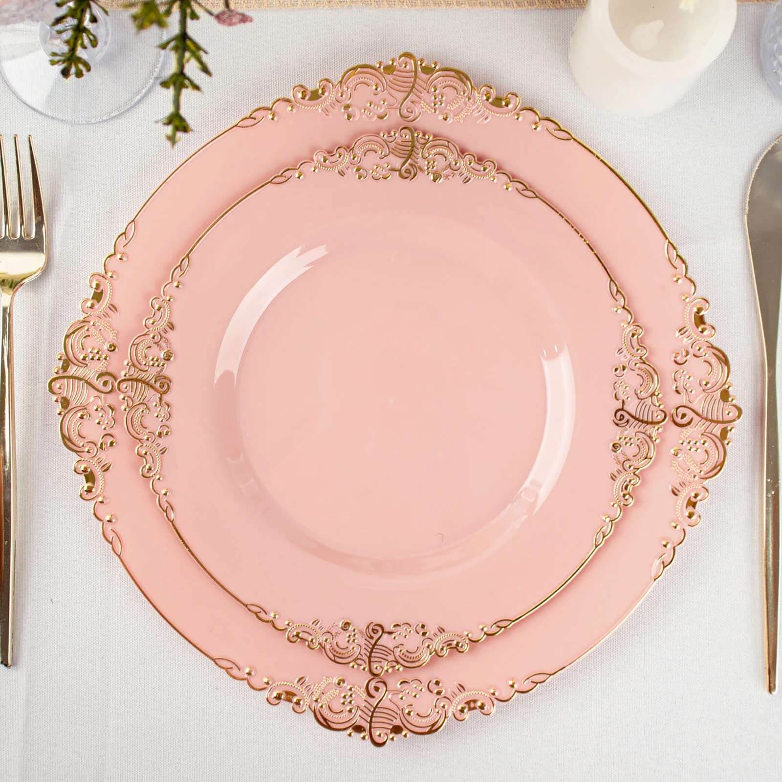 10-Pack Plastic Round Dessert Plates 8" Dusty Rose with Gold Leaf Embossed Rim - Vintage Baroque Style Disposable Salad Plates - Image 6