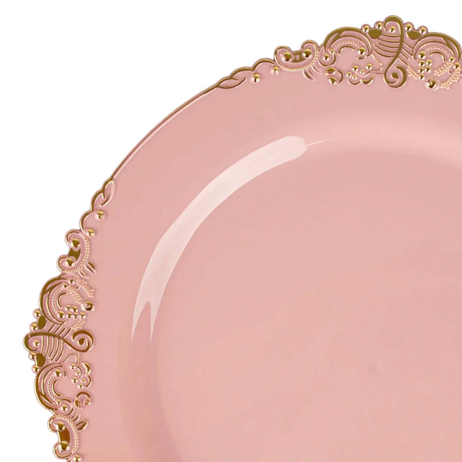 10-Pack Plastic Round Dessert Plates 8" Dusty Rose with Gold Leaf Embossed Rim - Vintage Baroque Style Disposable Salad Plates - Image 8