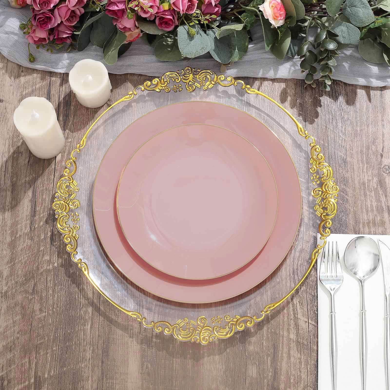 10-Pack Plastic Round Dessert Plates 8" Dusty Rose with Gold Rim - Glossy Disposable Appetizer Salad Plates - Image 8