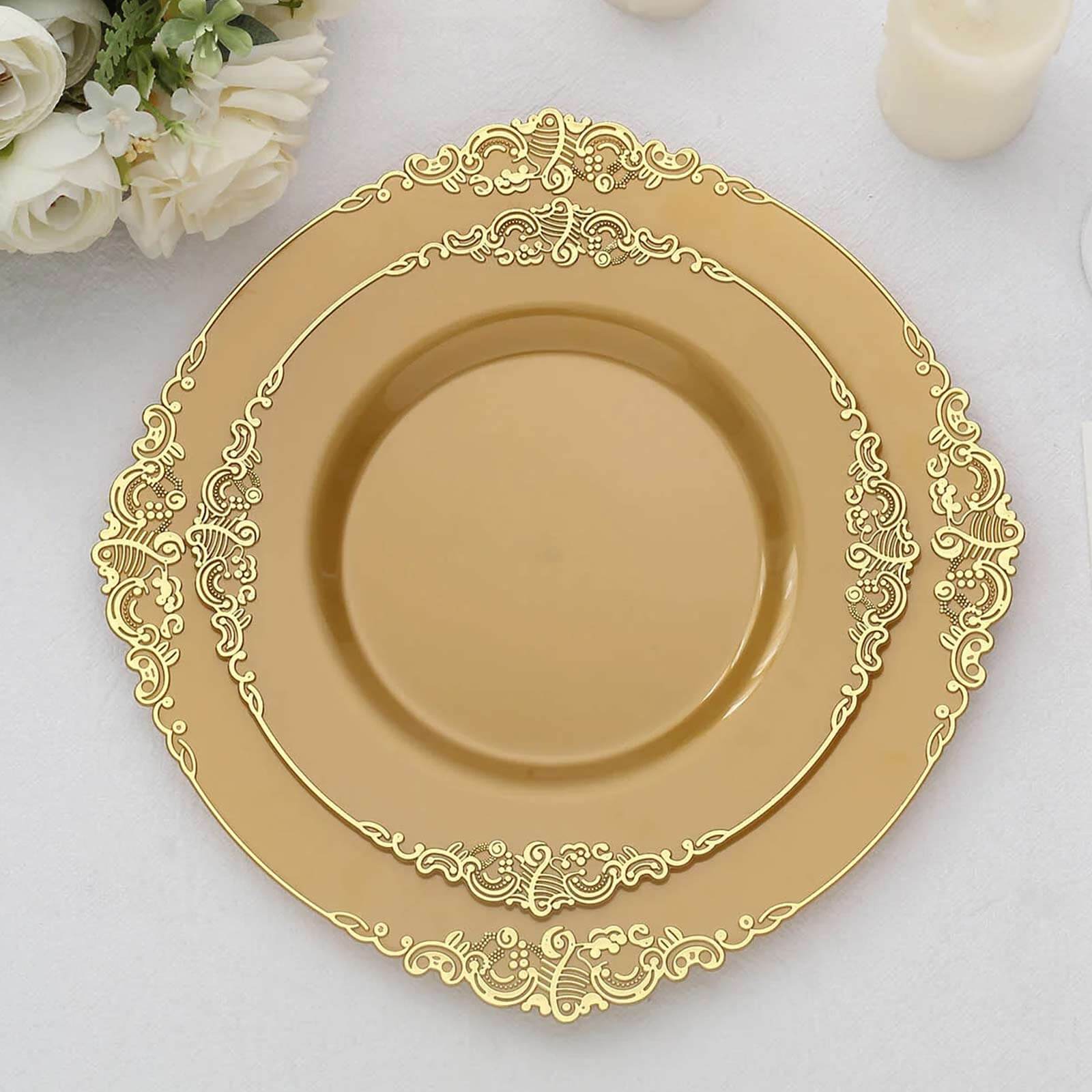 10-Pack Plastic Round Dessert Plates 8" Gold