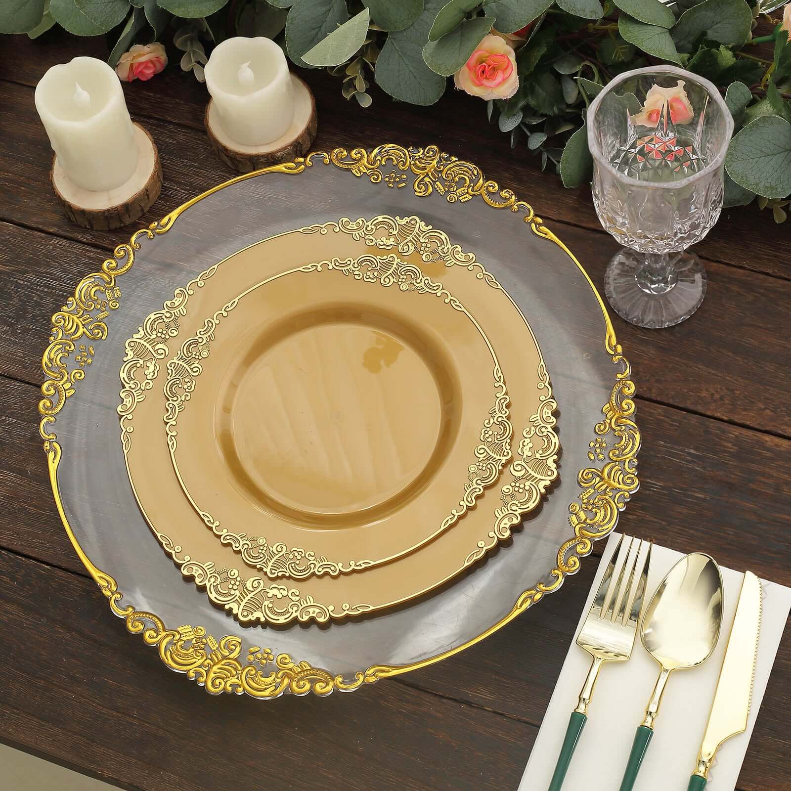 10-Pack Plastic Round Dessert Plates 8" Gold - Image 2