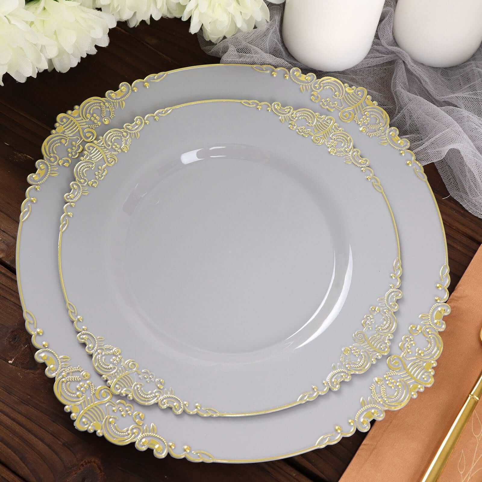 10-Pack Plastic Round Dessert Plates 8" Gray with Gold Leaf Embossed Rim - Vintage Baroque Style Disposable Salad Plates
