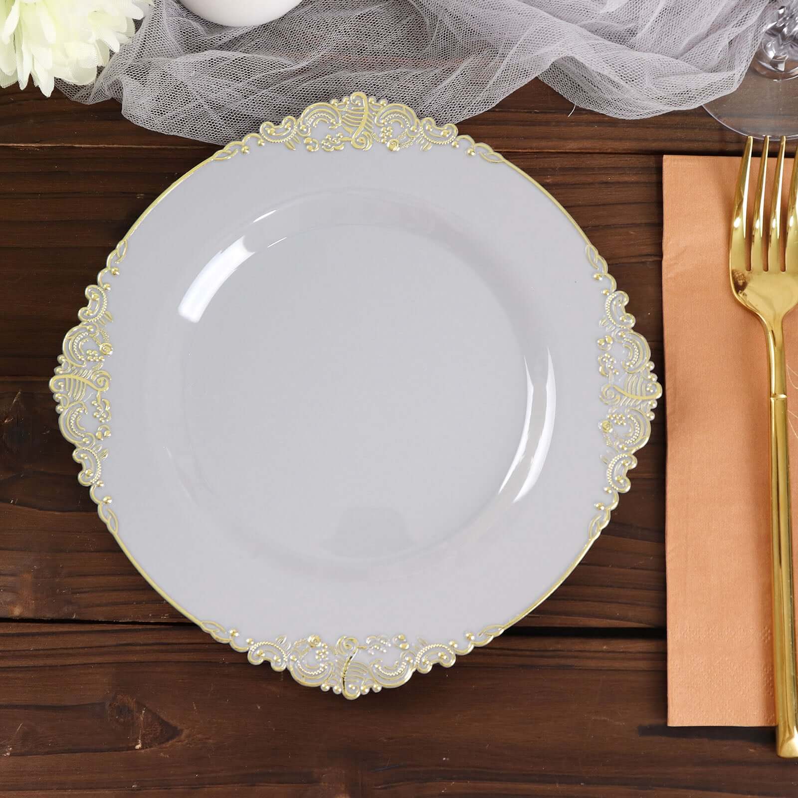 10-Pack Plastic Round Dessert Plates 8" Gray with Gold Leaf Embossed Rim - Vintage Baroque Style Disposable Salad Plates - Image 10