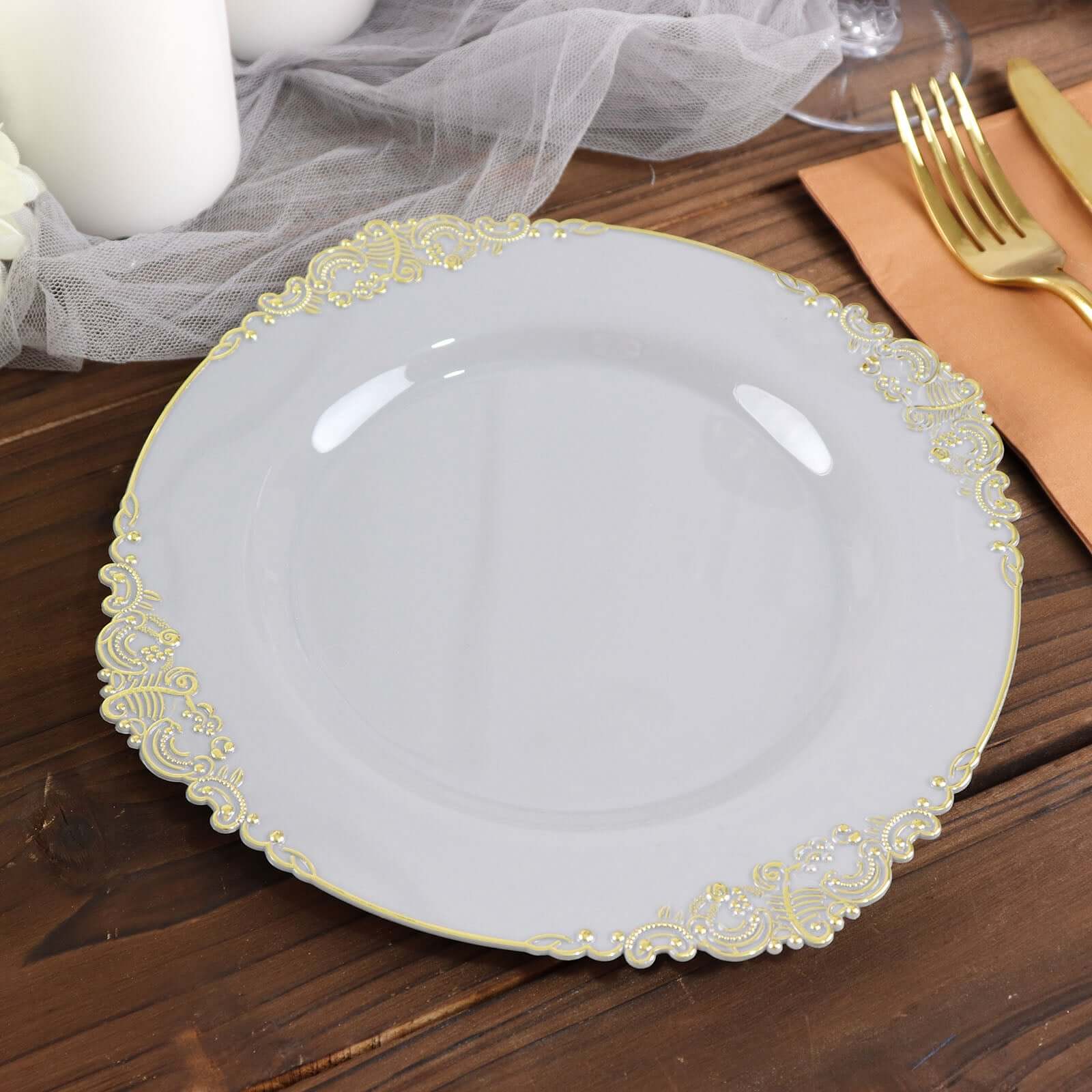 10-Pack Plastic Round Dessert Plates 8" Gray with Gold Leaf Embossed Rim - Vintage Baroque Style Disposable Salad Plates - Image 11
