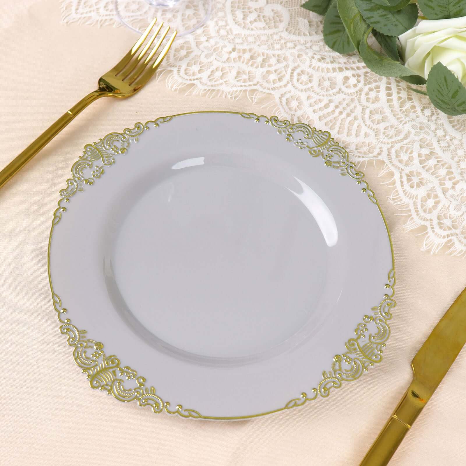 10-Pack Plastic Round Dessert Plates 8" Gray with Gold Leaf Embossed Rim - Vintage Baroque Style Disposable Salad Plates - Image 12
