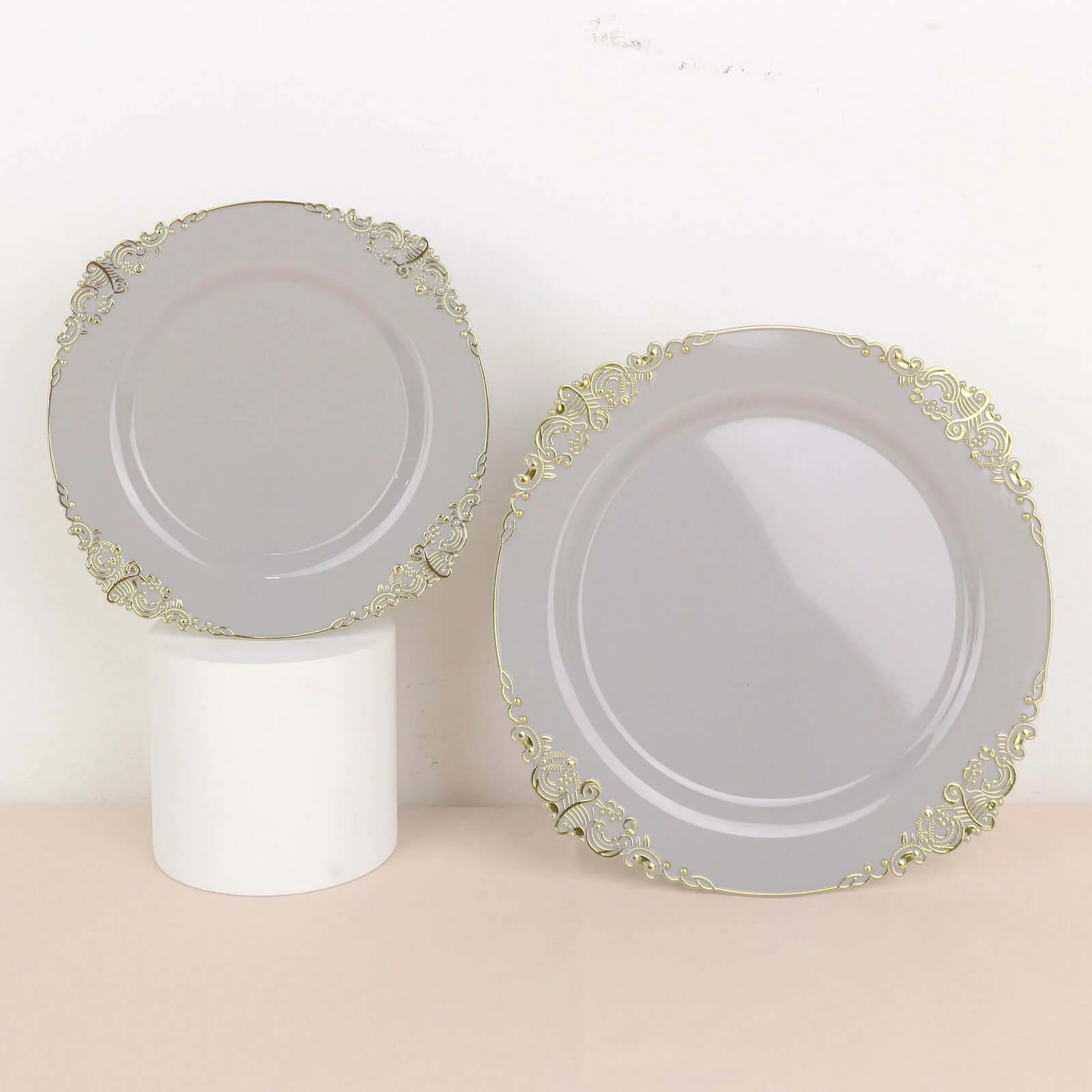 10-Pack Plastic Round Dessert Plates 8" Gray with Gold Leaf Embossed Rim - Vintage Baroque Style Disposable Salad Plates - Image 13