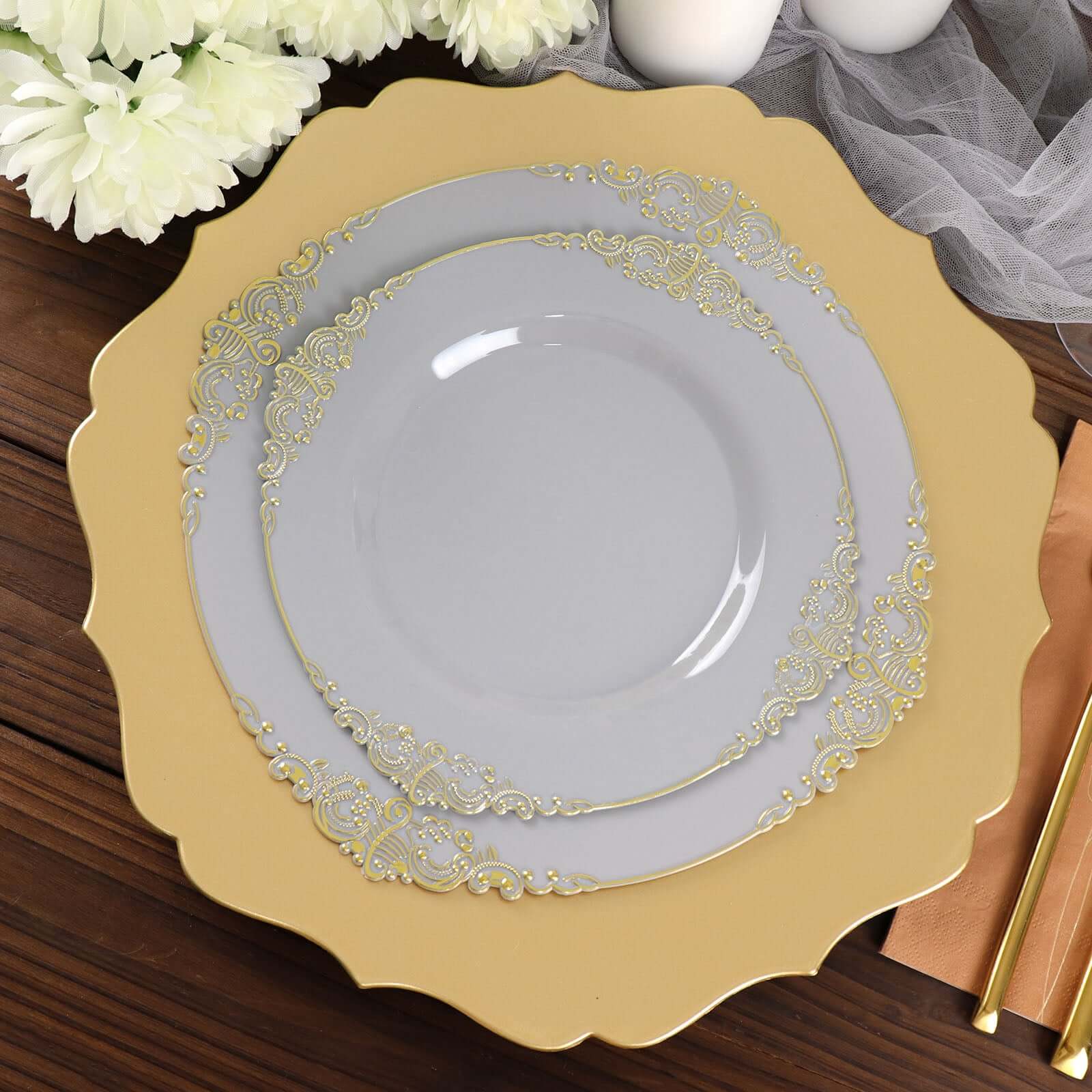 10-Pack Plastic Round Dessert Plates 8" Gray with Gold Leaf Embossed Rim - Vintage Baroque Style Disposable Salad Plates - Image 14