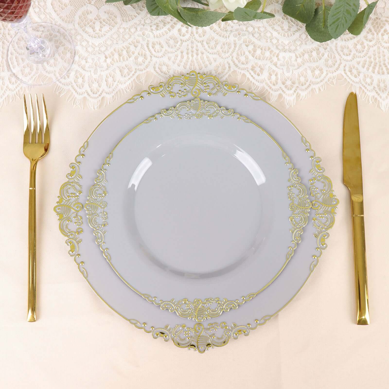 10-Pack Plastic Round Dessert Plates 8" Gray with Gold Leaf Embossed Rim - Vintage Baroque Style Disposable Salad Plates - Image 6